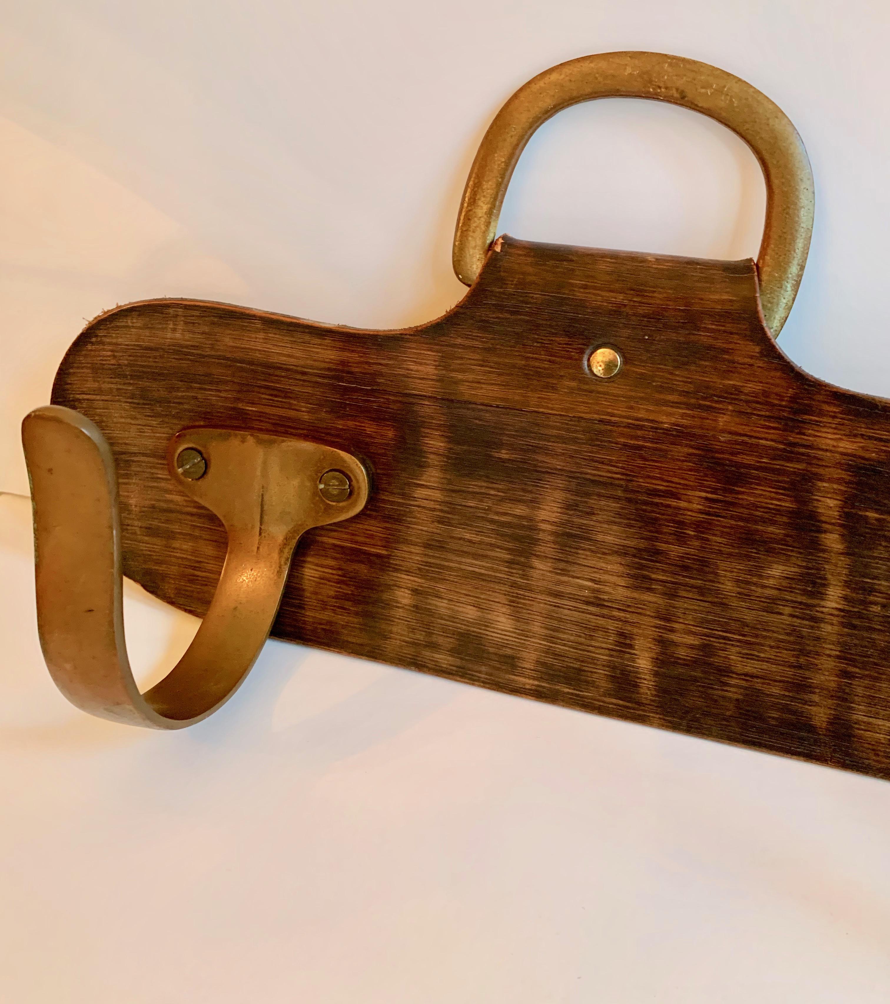 Leather and Brass Coat Hook Rack in the Manner of Adnet 2