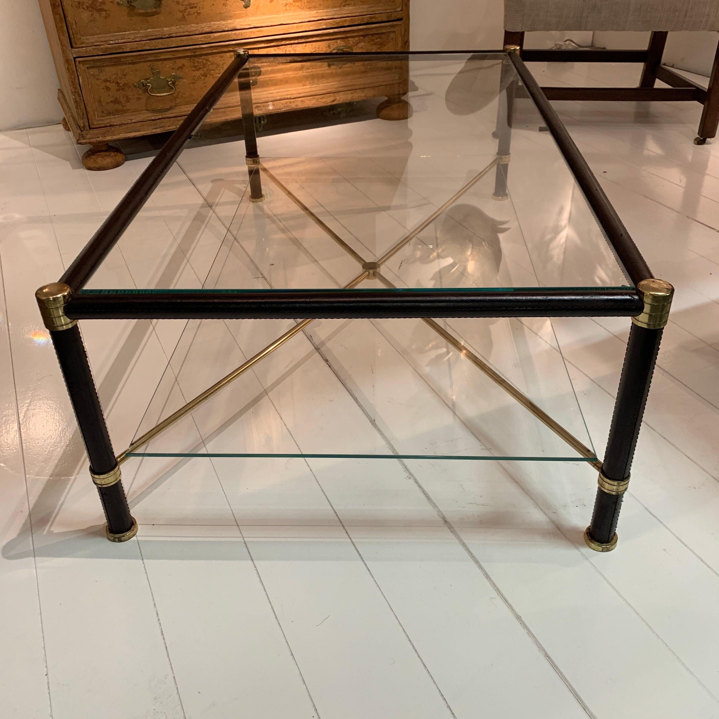 Black Leather and Brass Coffee Table, France, 1970s In Good Condition In New York, NY