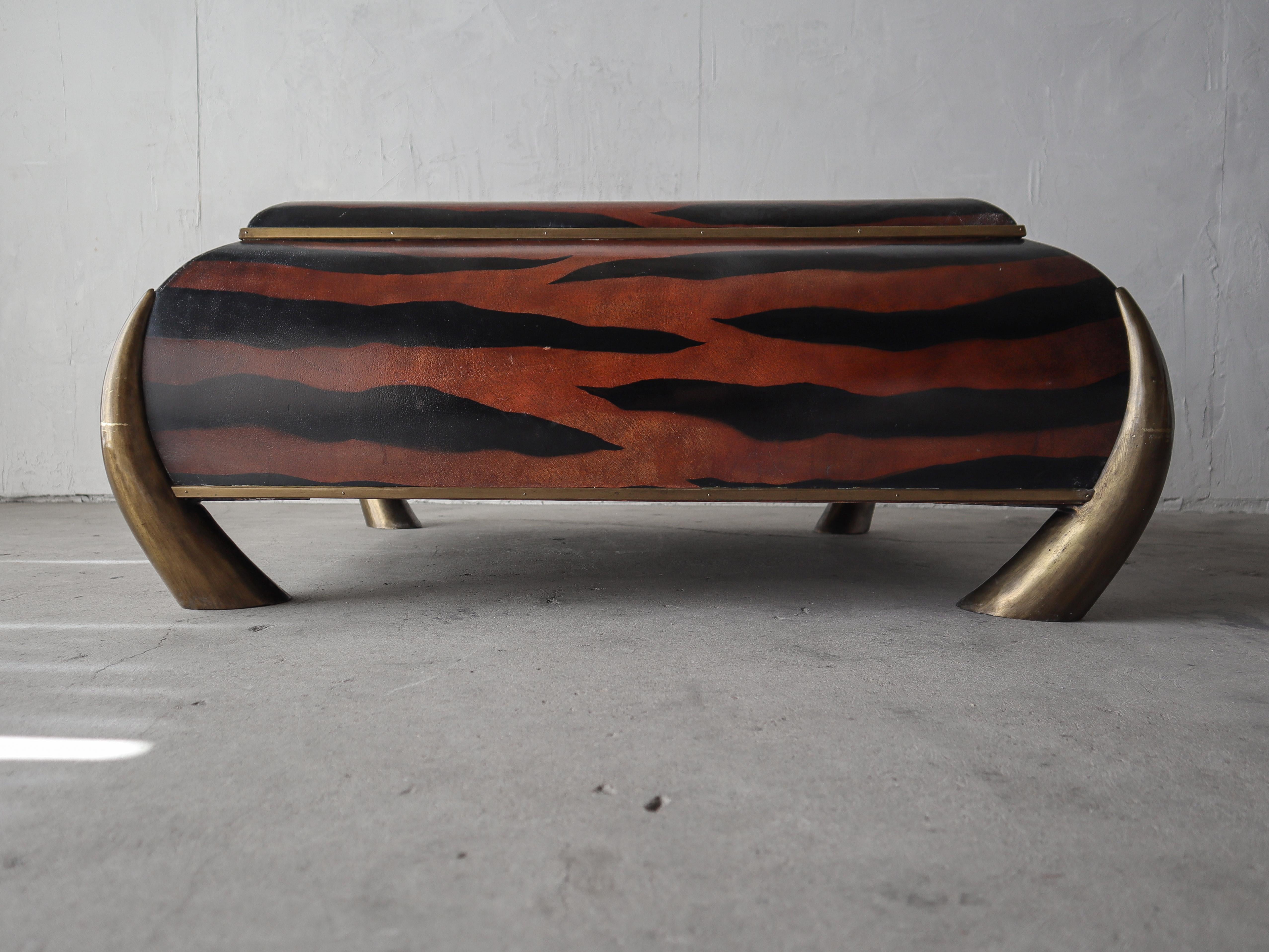 Leather and Brass Tusk Coffee Table by Maitland Smith In Good Condition For Sale In Las Vegas, NV