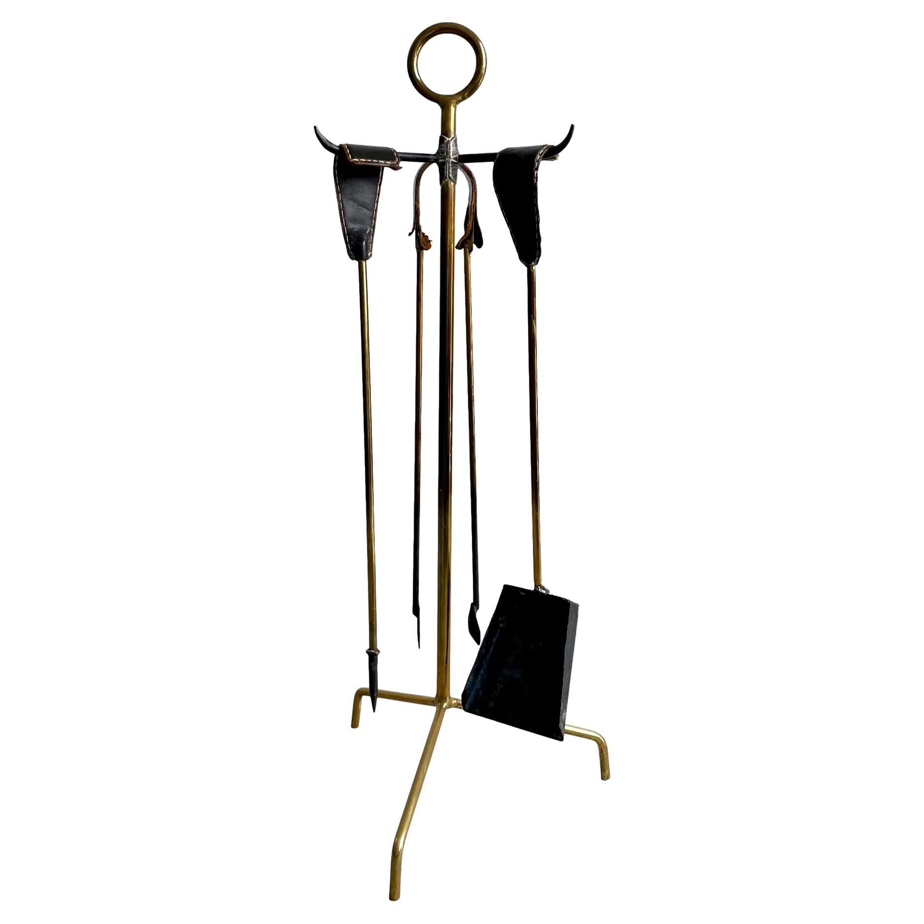 Leather and Brass Fireplace Set by Jacques Adnet, 1950s France For Sale