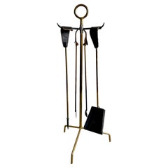 Leather and Brass Fireplace Set by Jacques Adnet, 1950s France