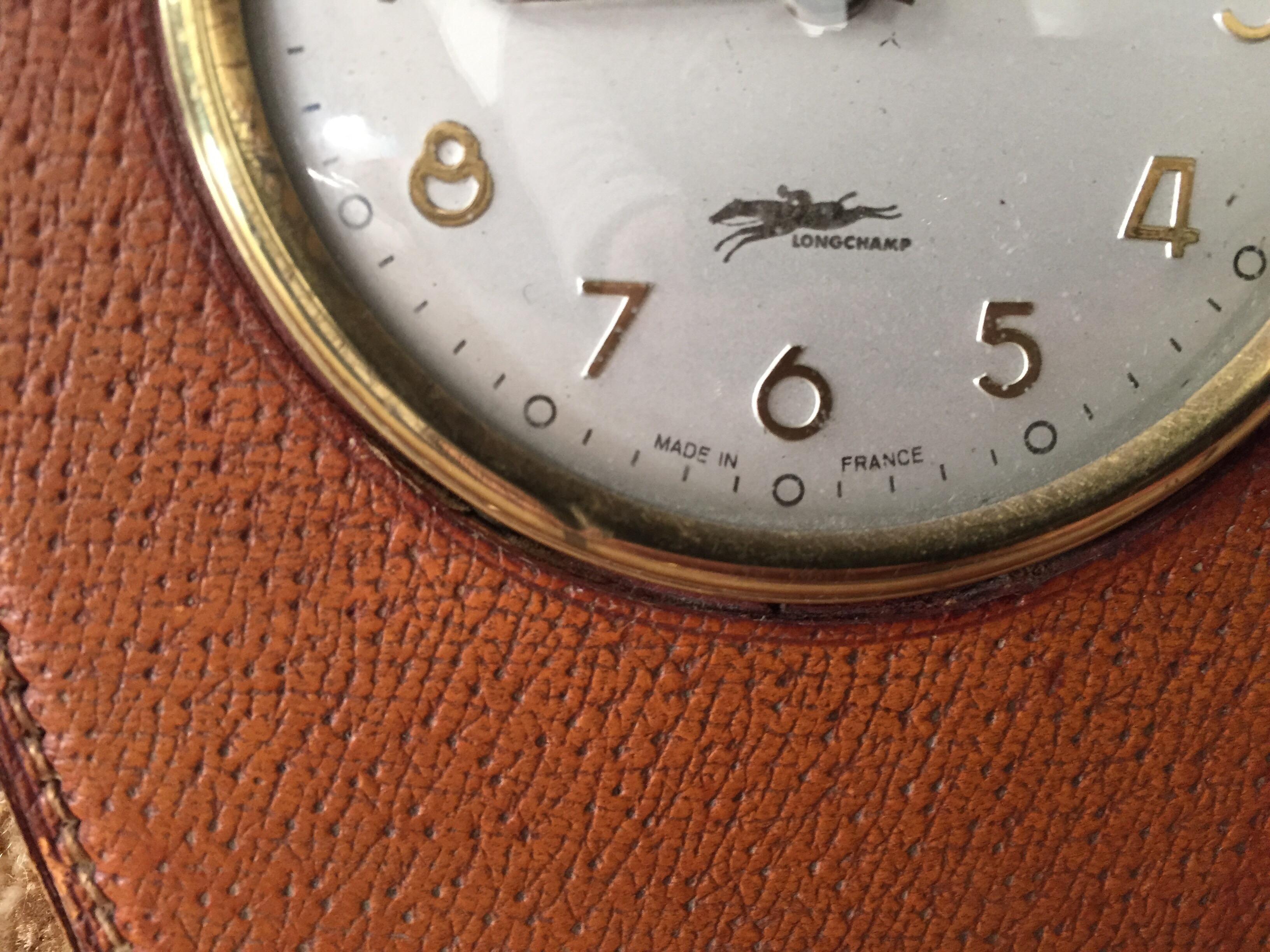 Leather and Brass French Longchamp Desk Clock Jacques Adnet Style 9