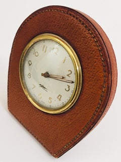 Leather and Brass French Longchamp Desk Clock Jacques Adnet Style