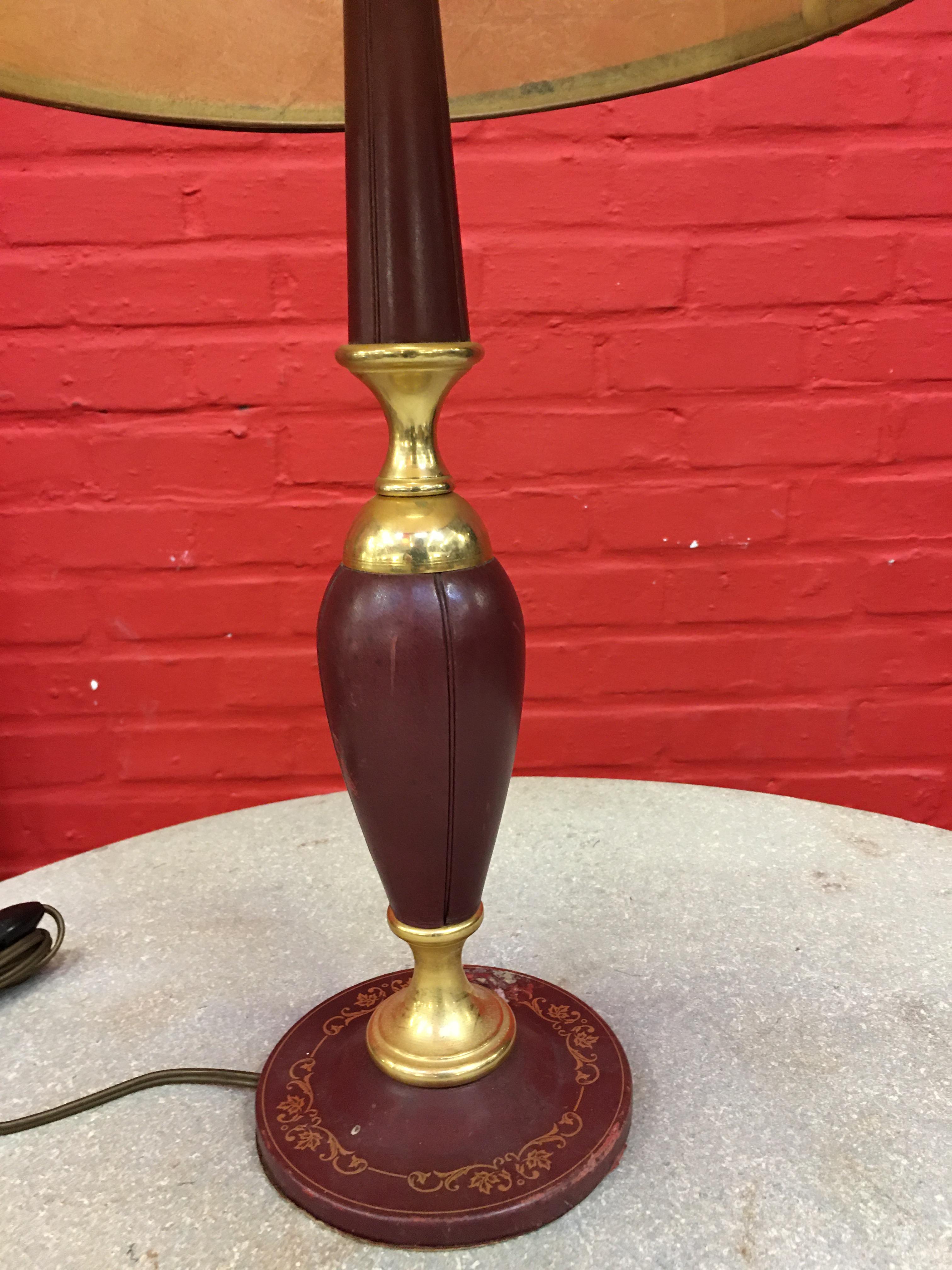 French Leather and Brass Lamp in the Style of Jacques Adnet, circa 1950 For Sale
