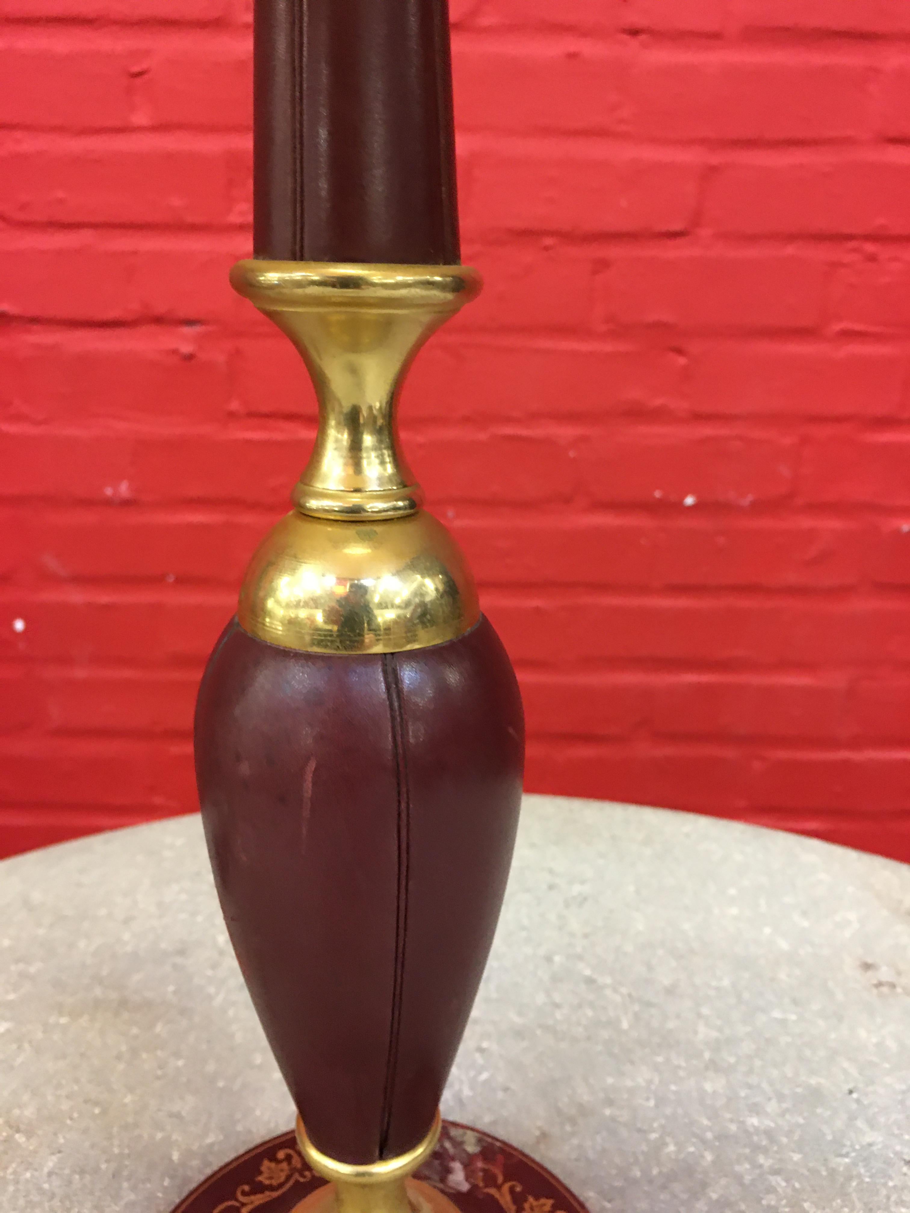 Mid-20th Century Leather and Brass Lamp in the Style of Jacques Adnet, circa 1950 For Sale