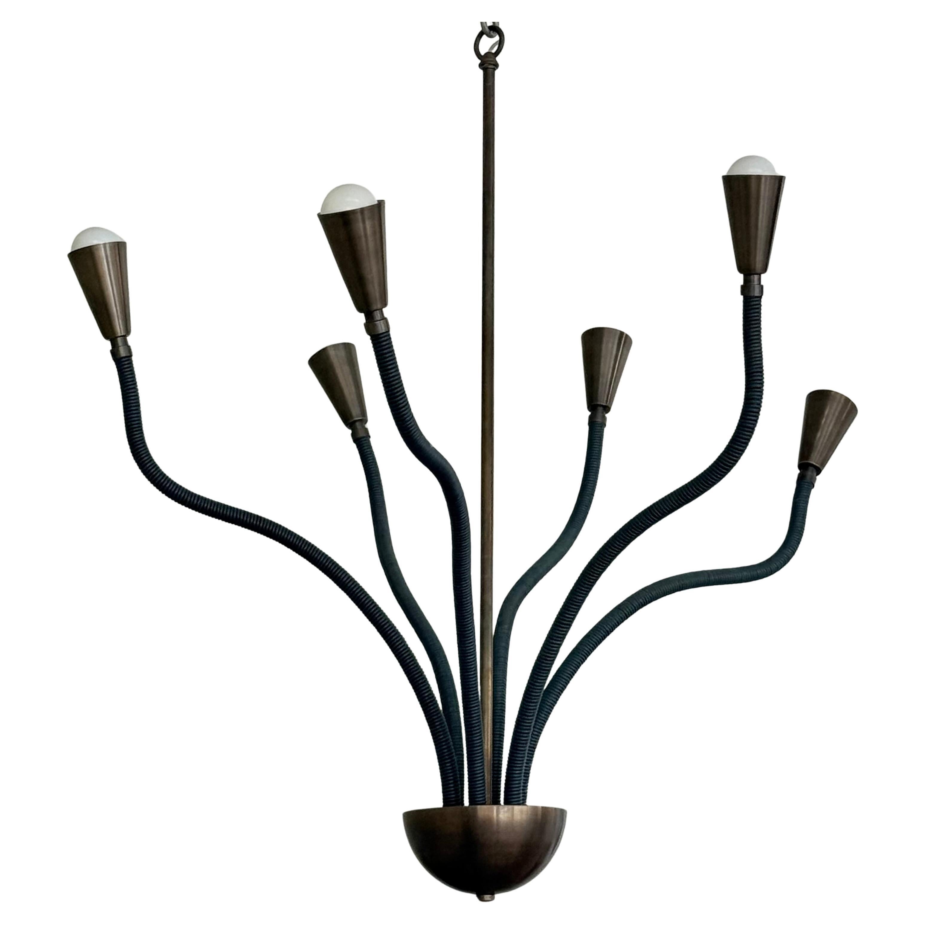 Leather and Brass Meander Chandelier For Sale