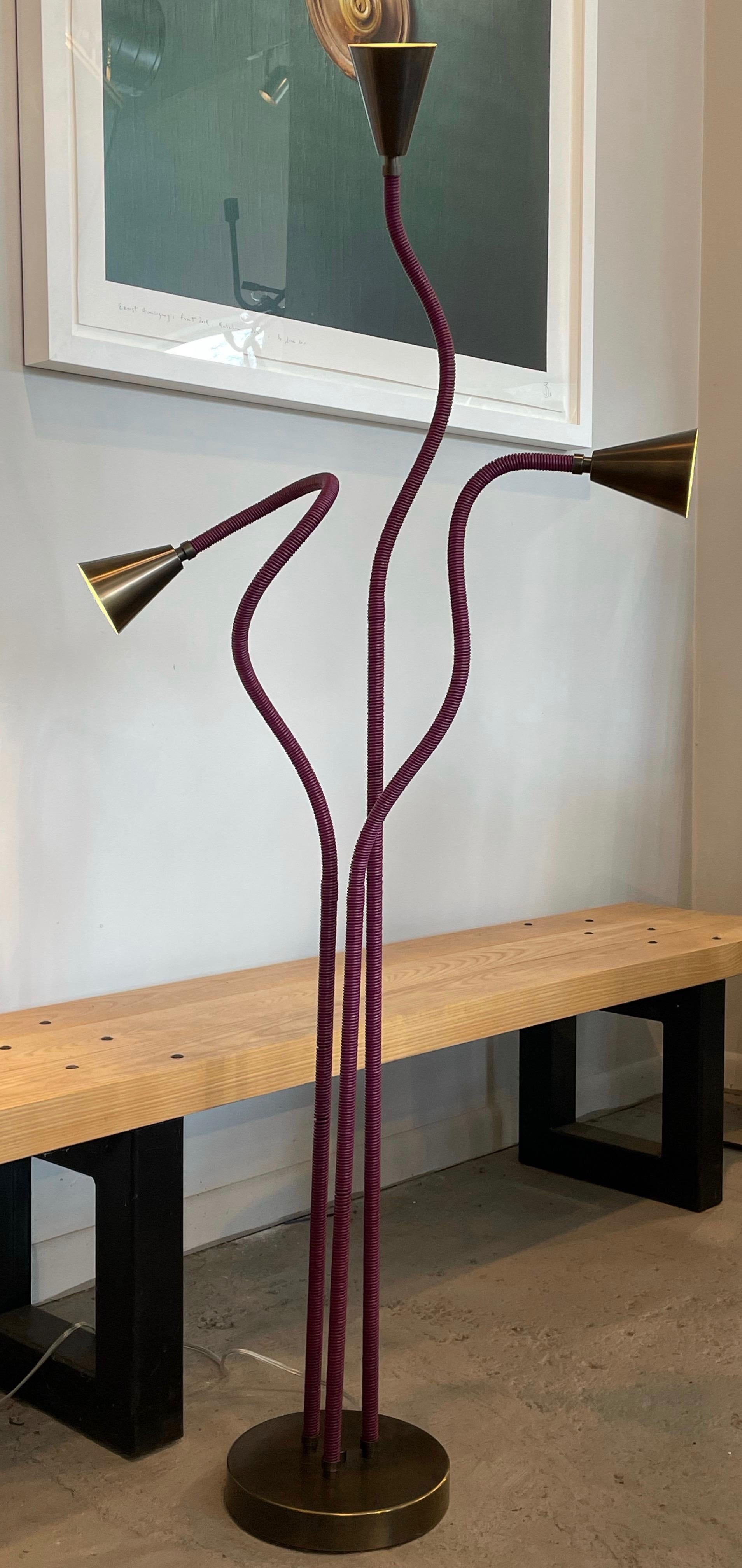 American Leather and Brass Meander Floor Lamp For Sale