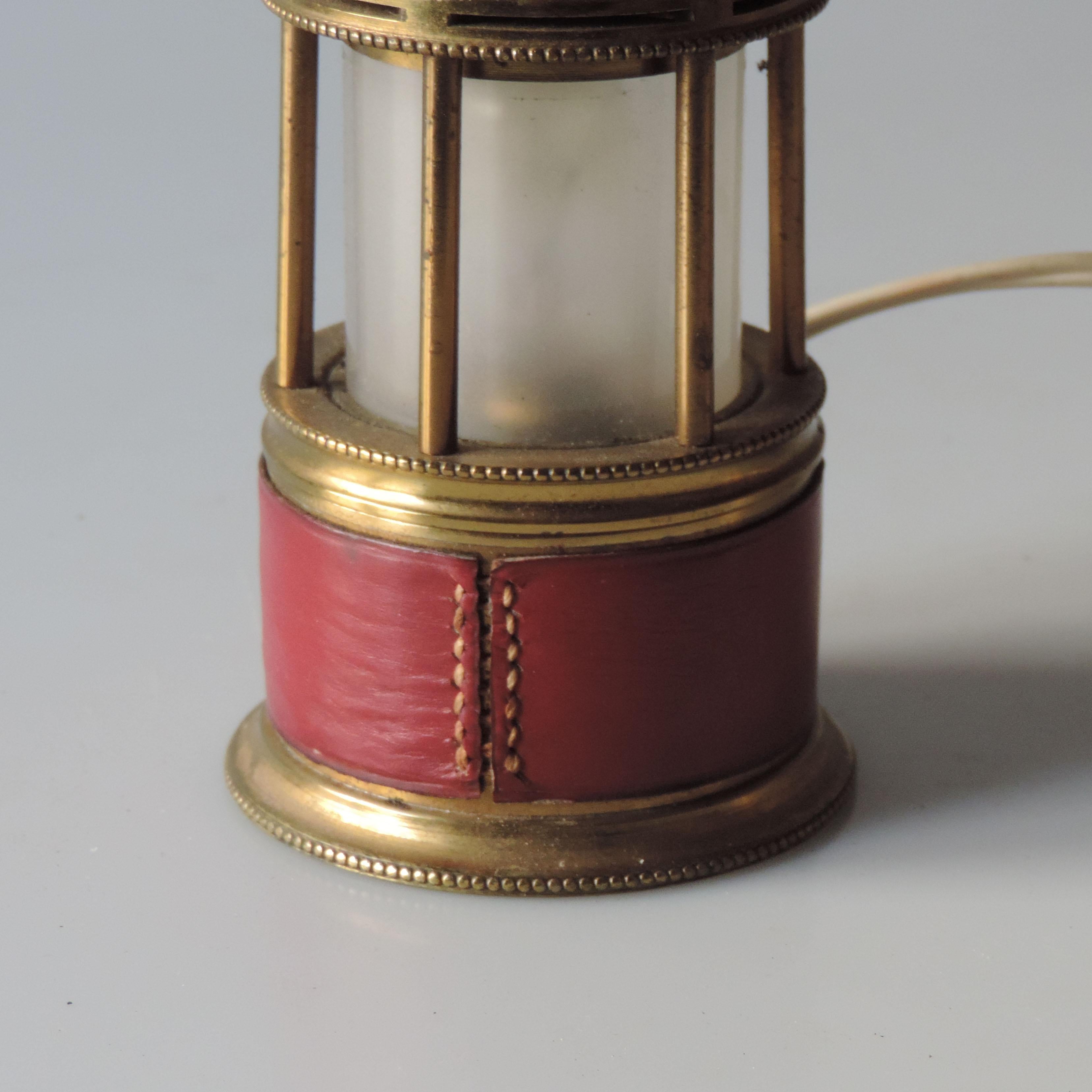 Leather and Brass Miners Lamp Attributed to Hermes, France 1960s For Sale 1
