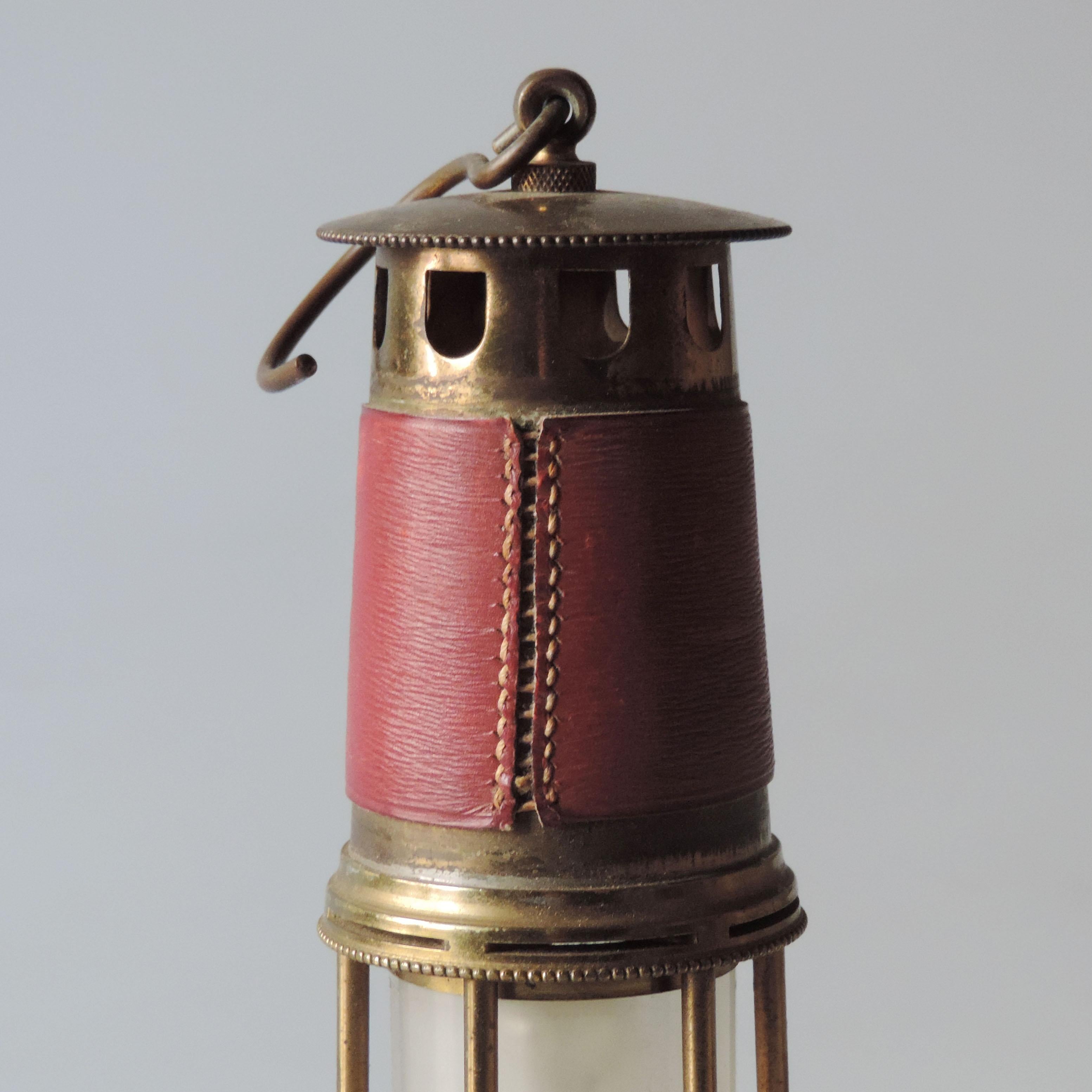 Leather and Brass Miners Lamp Attributed to Hermes, France 1960s In Good Condition For Sale In Milan, IT