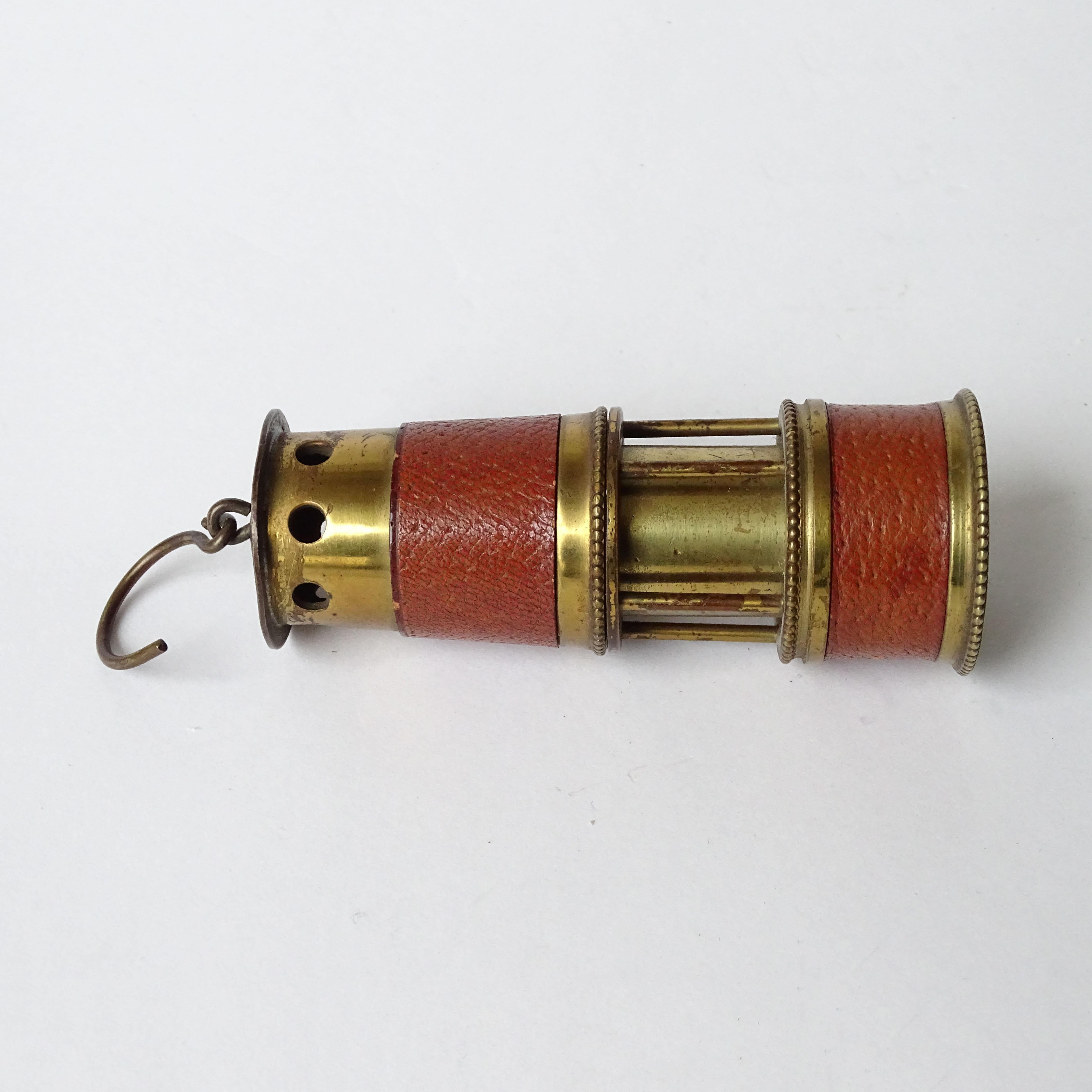 Mid-Century Modern Leather and Brass Miners Lamp Shaped Table Lighter, France 1960s For Sale