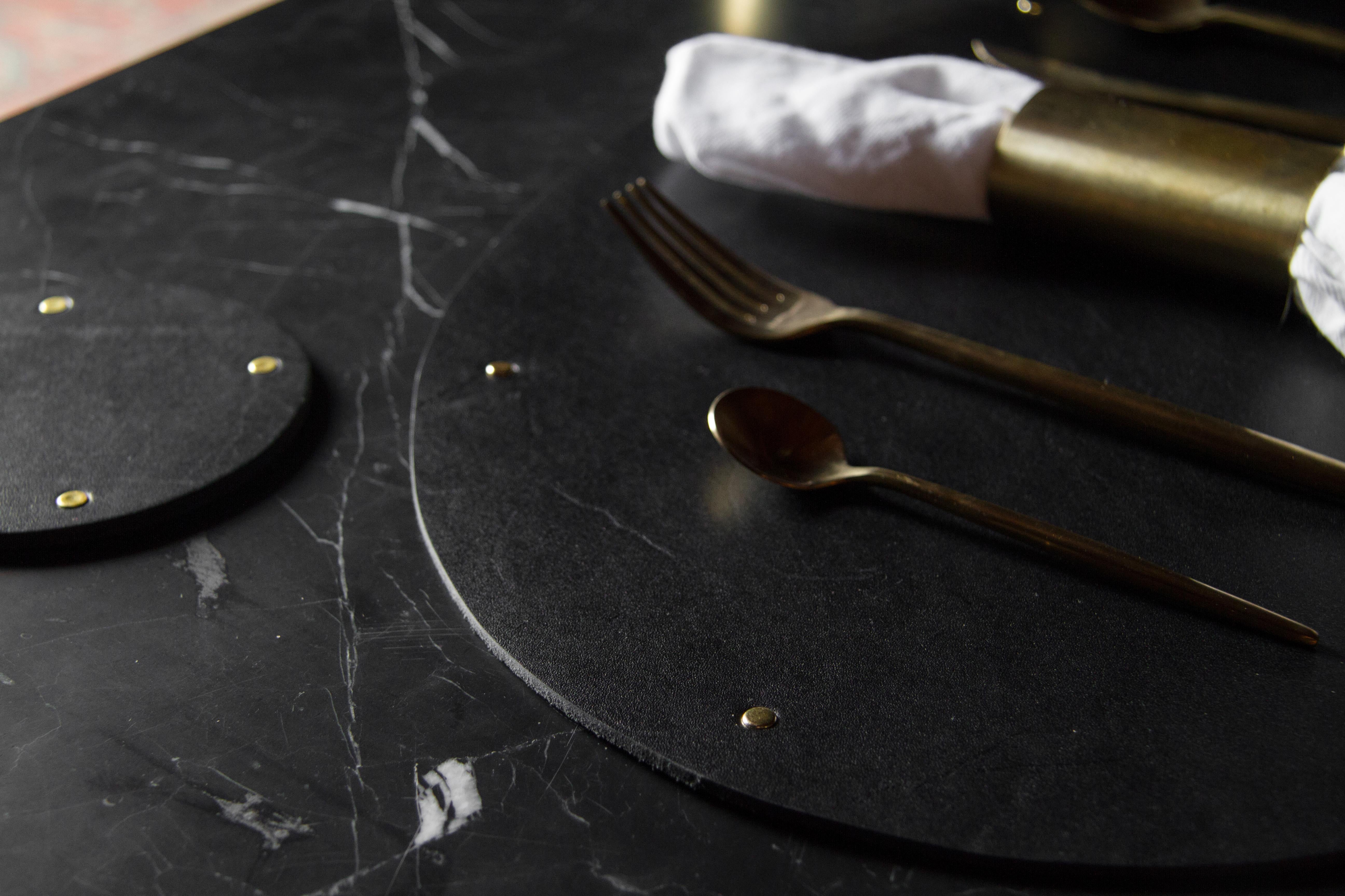 Modern Leather and Brass Placemat Set (Set of 4) Black For Sale