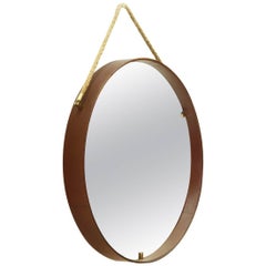 Leather and Brass Round Mirror by Pizzetti, 1950s