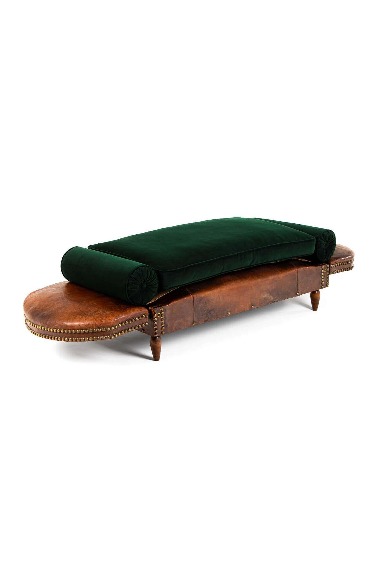 Hand-Crafted Leather and Brass studded Day bed For Sale