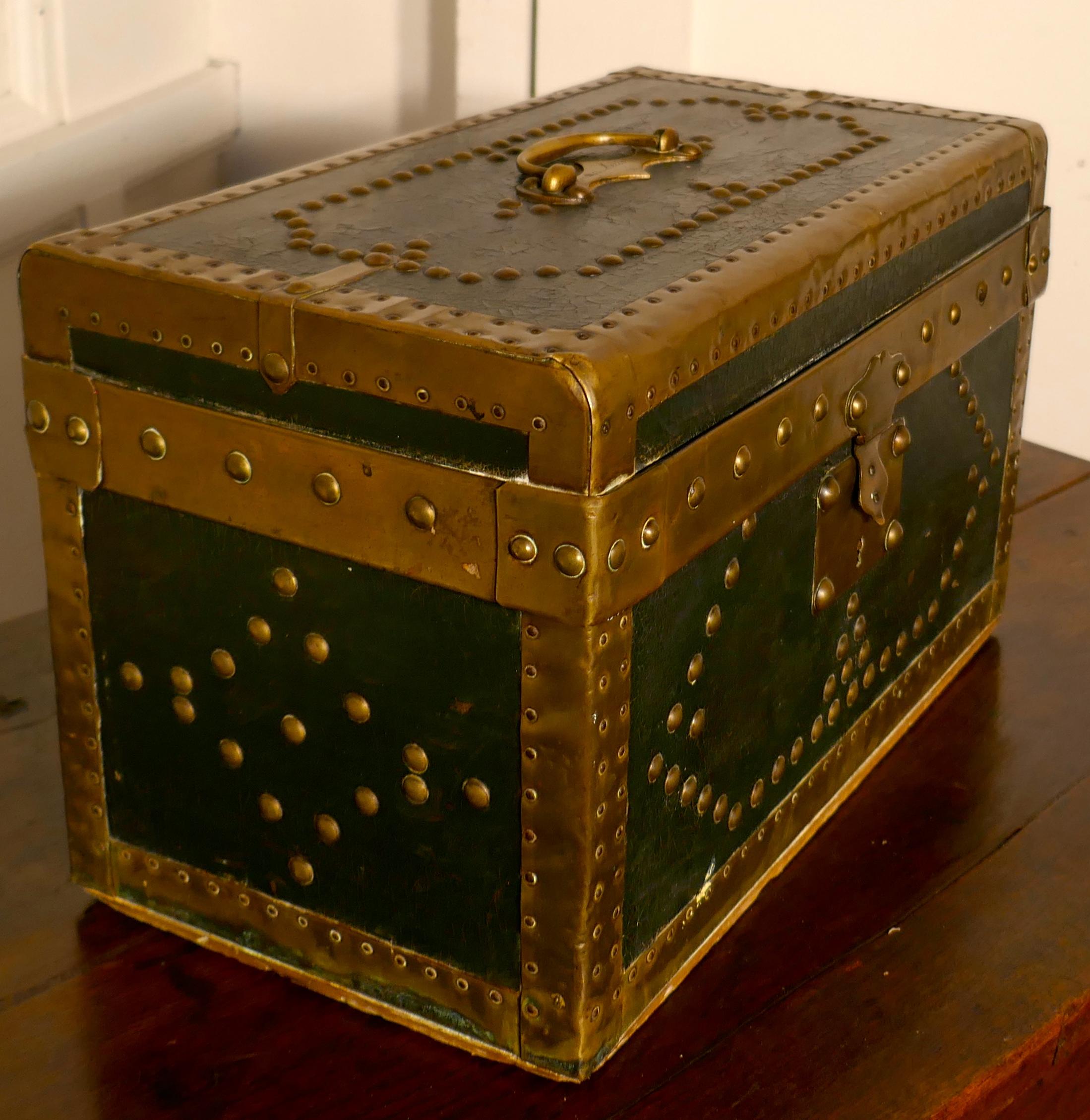 Wood Leather and Brass Studded Treasure Chest or Jewellery Box 1878