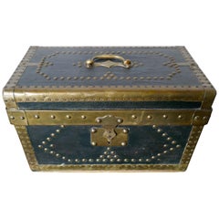 Leather and Brass Studded Treasure Chest or Jewellery Box 1878 Antique Leather and Brass Studded Treasure Chest or Jewellery Box 1878