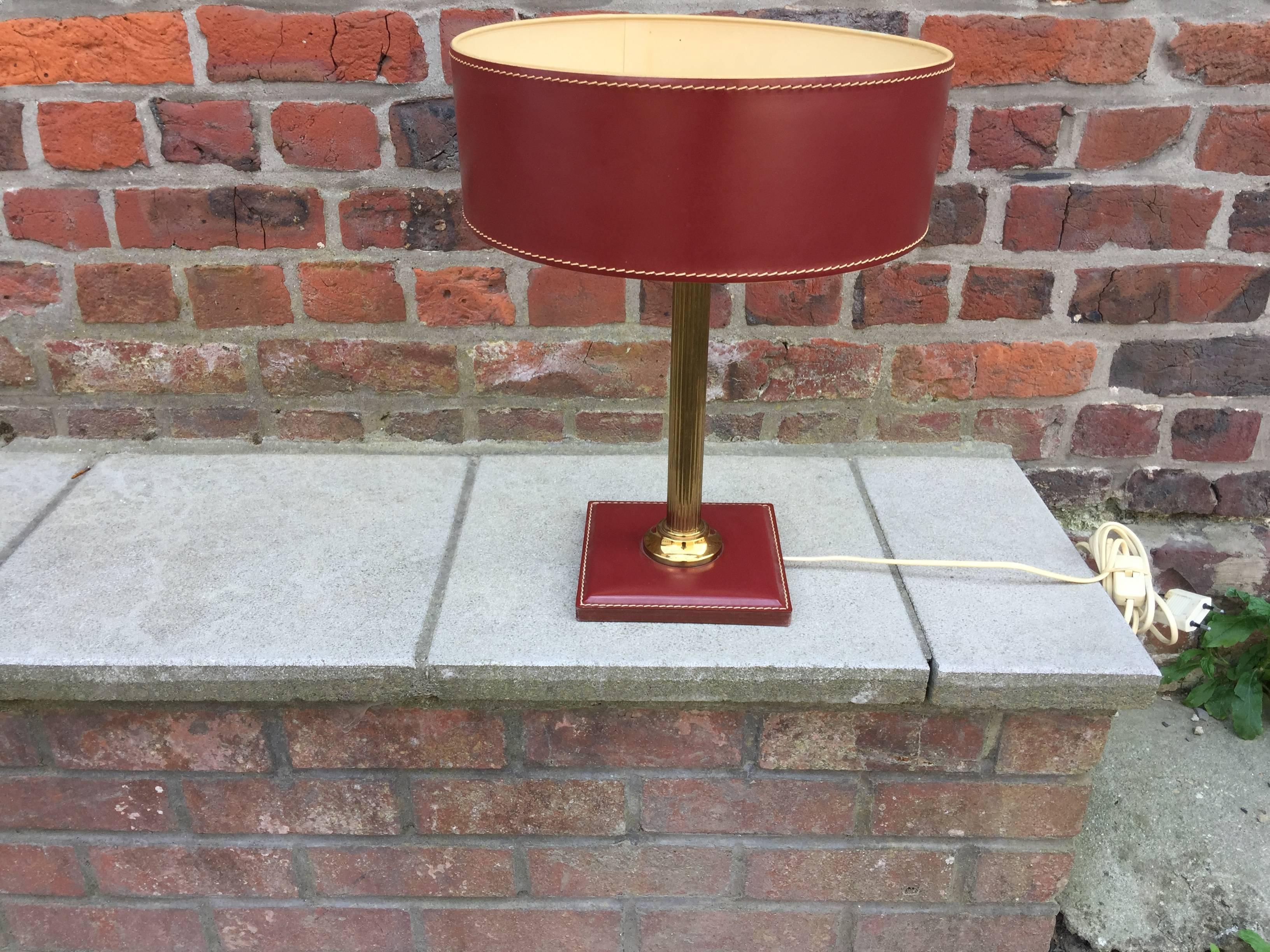 Mid-Century Modern Leather and Brass Table Lamp Attributed to Adnet, circa 1950