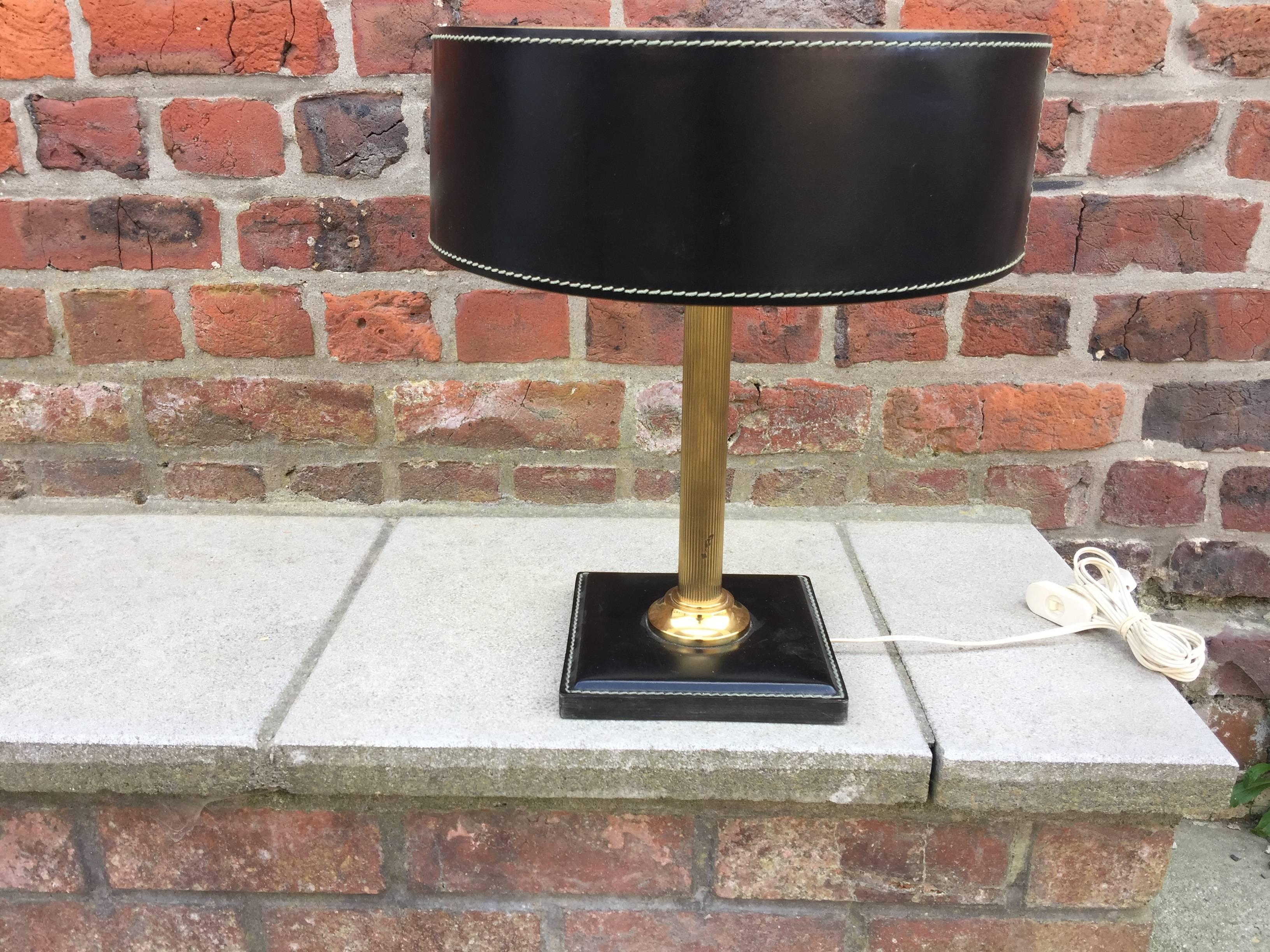 European Leather and Brass Table Lamp Attributed to Adnet, circa 1950