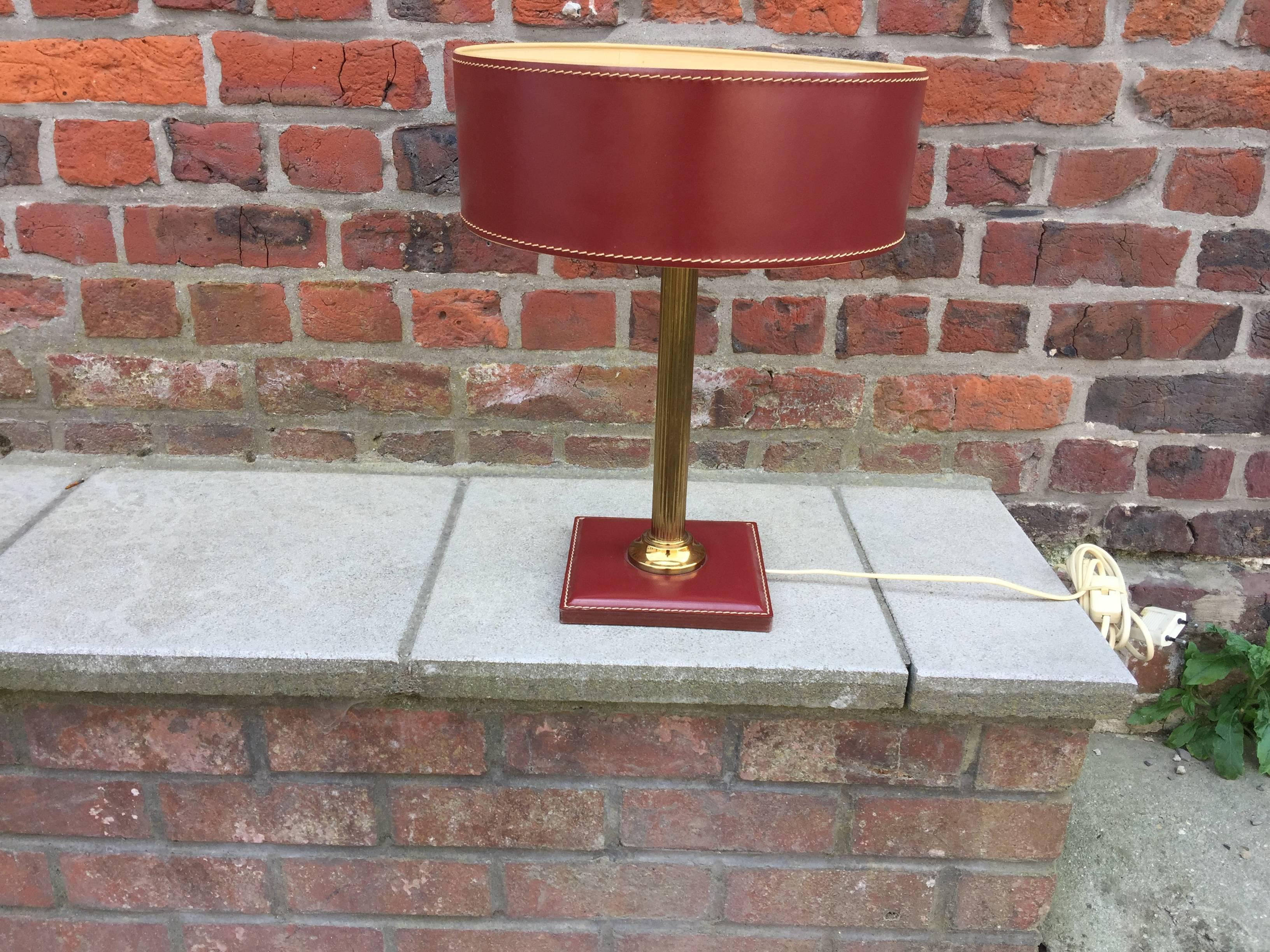 Leather and Brass Table Lamp Attributed to Adnet, circa 1950 In Excellent Condition In Saint-Ouen, FR