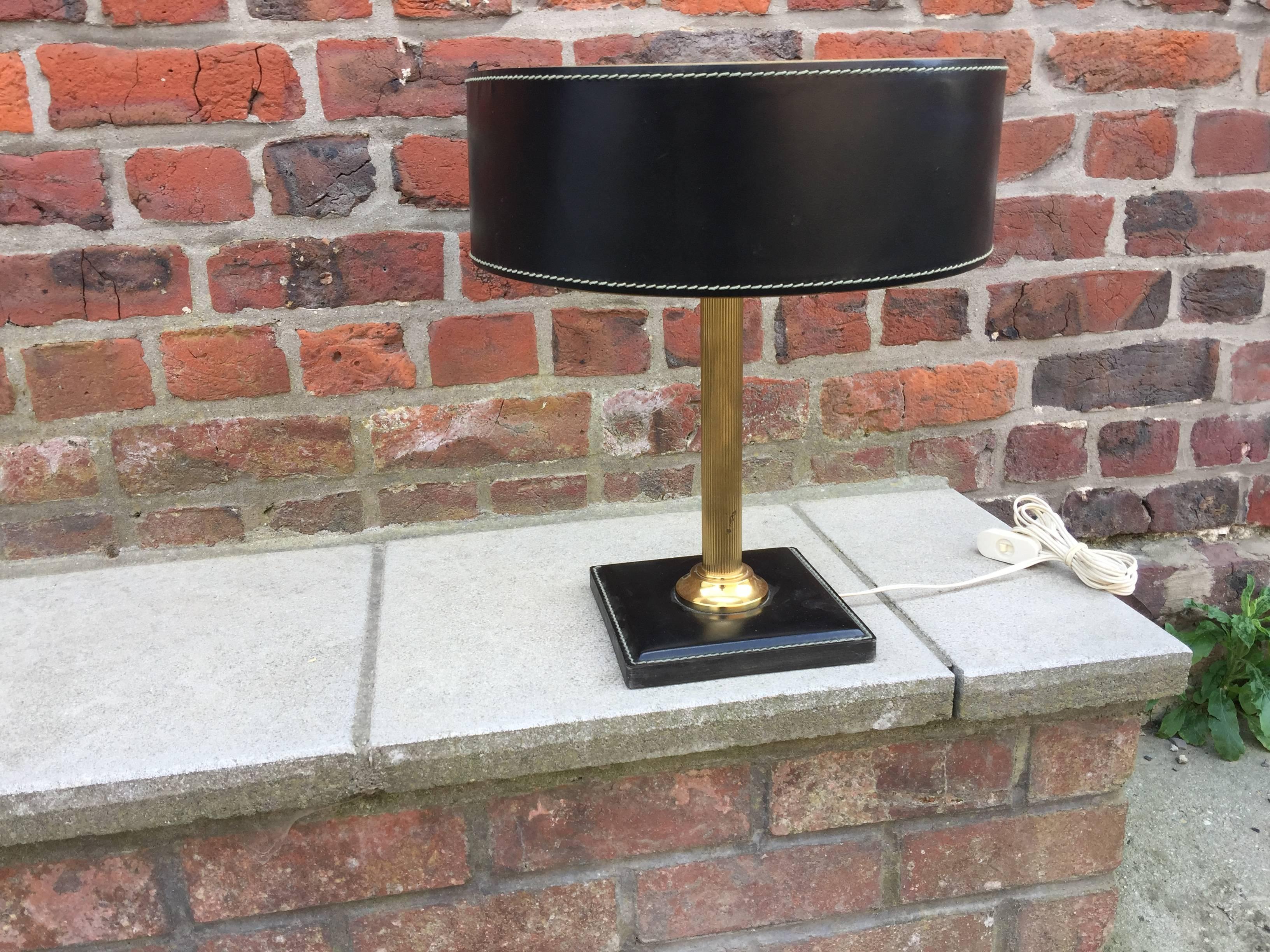 Leather and Brass Table Lamp Attributed to Adnet, circa 1950 1