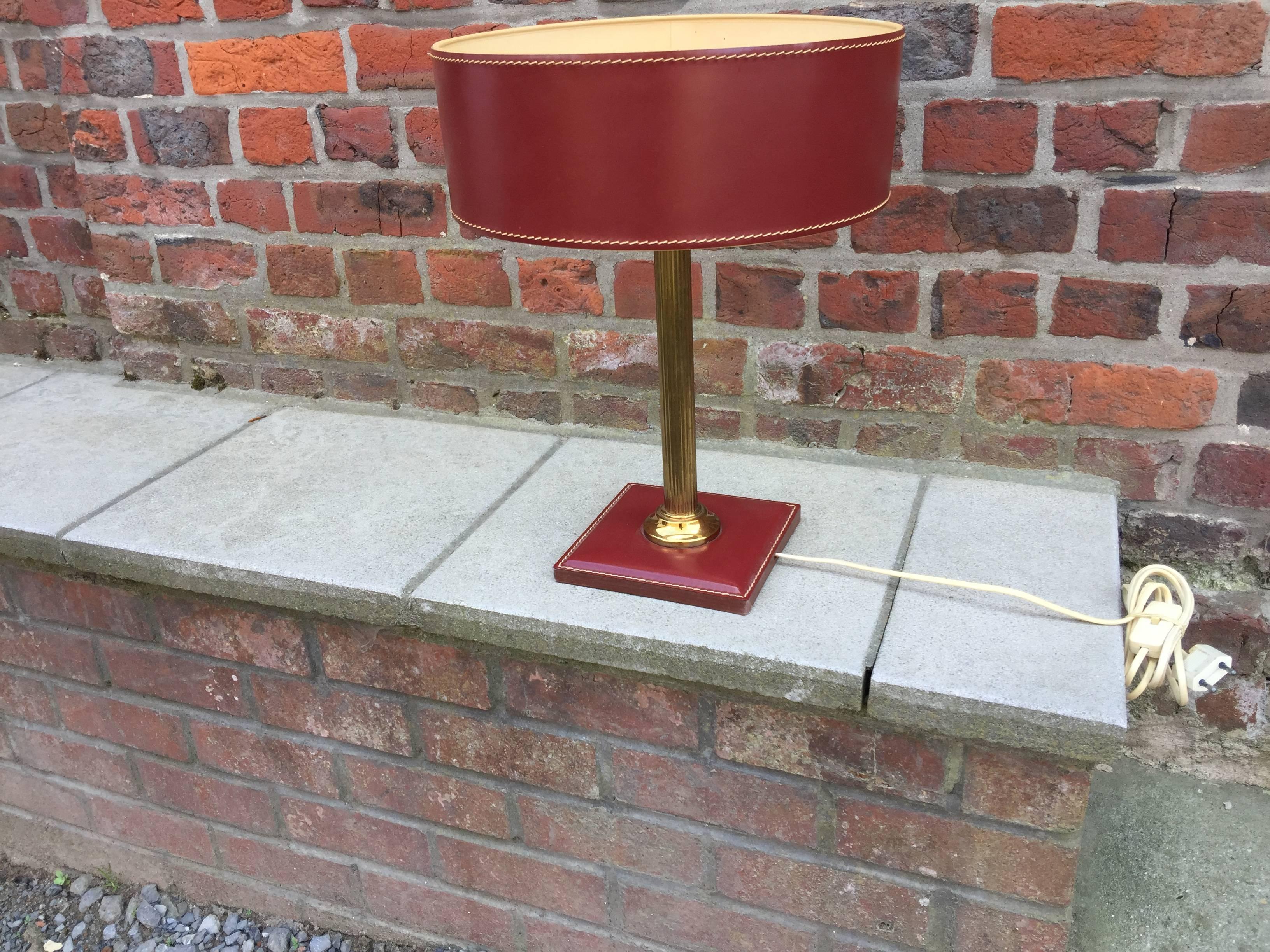 Leather and Brass Table Lamp Attributed to Adnet, circa 1950 1