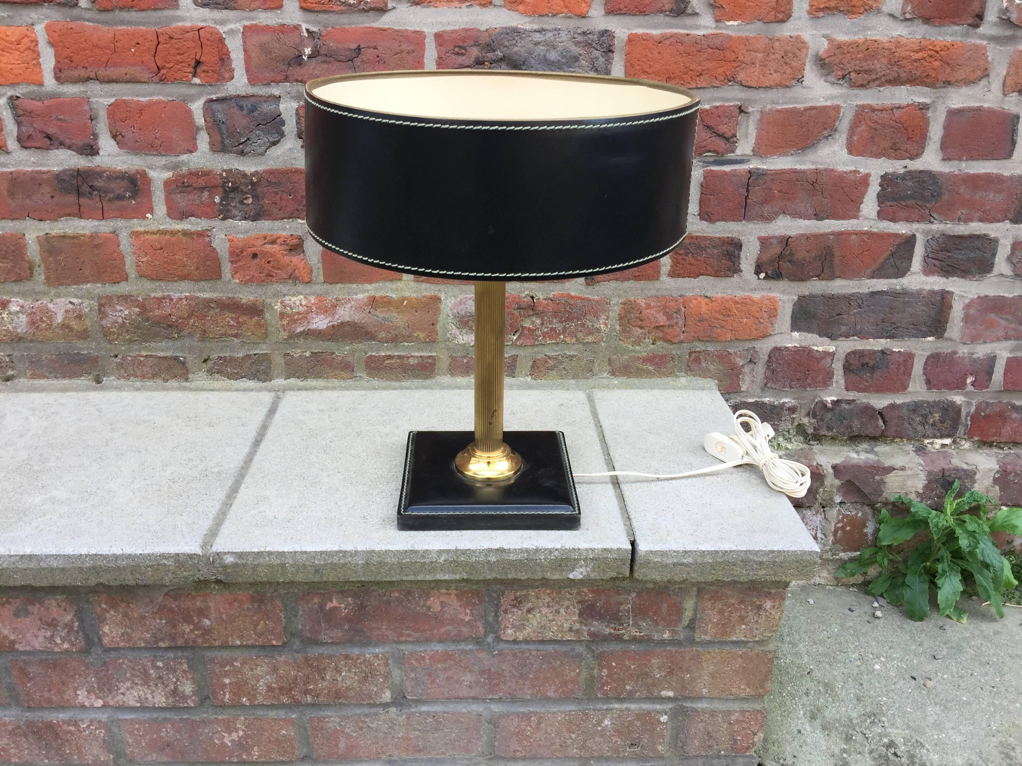 Leather and Brass Table Lamp Attributed to Adnet, circa 1950 3