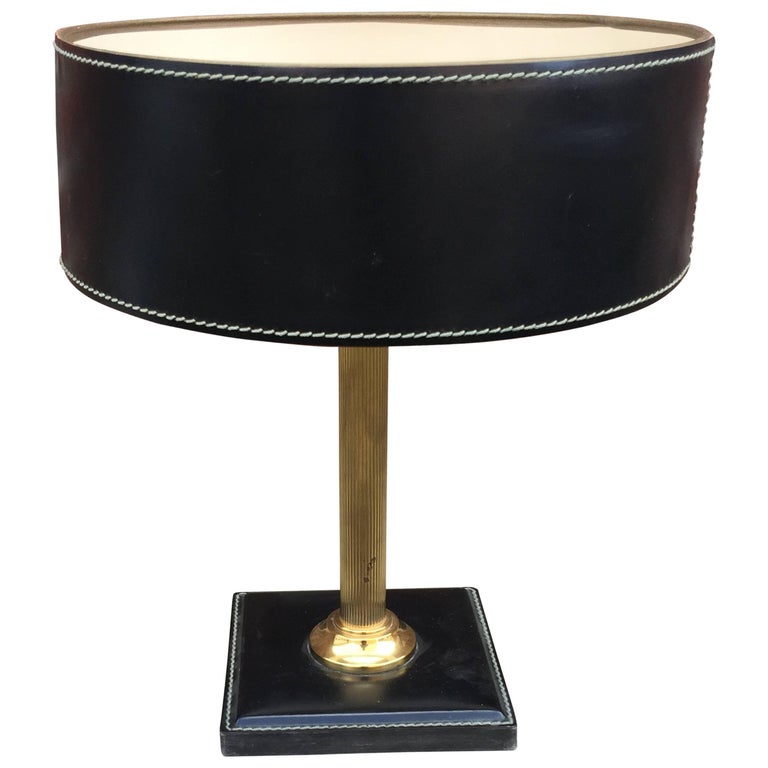 Leather and Brass Table Lamp Attributed to Adnet, circa 1950 For Sale