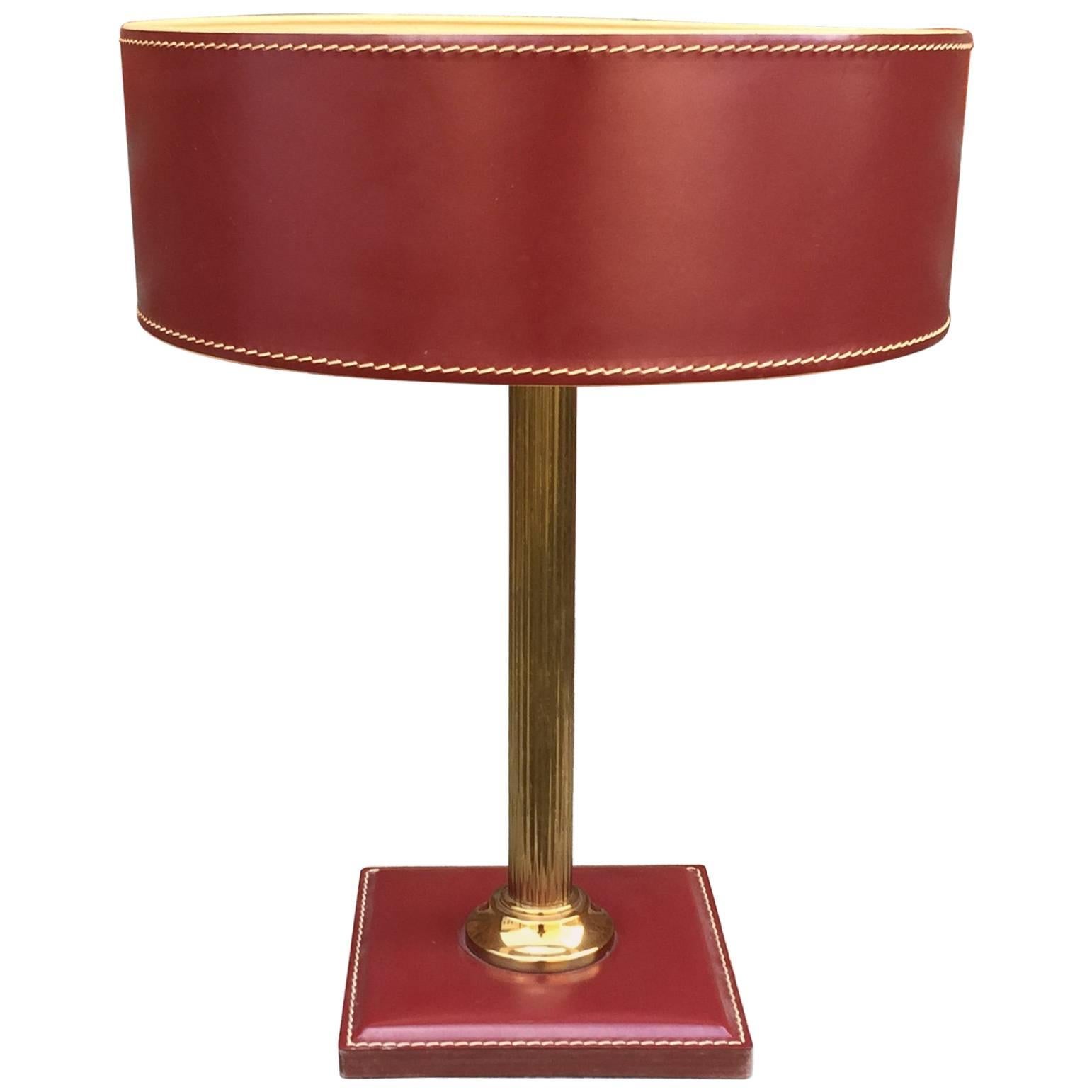 Leather and Brass Table Lamp Attributed to Adnet, circa 1950