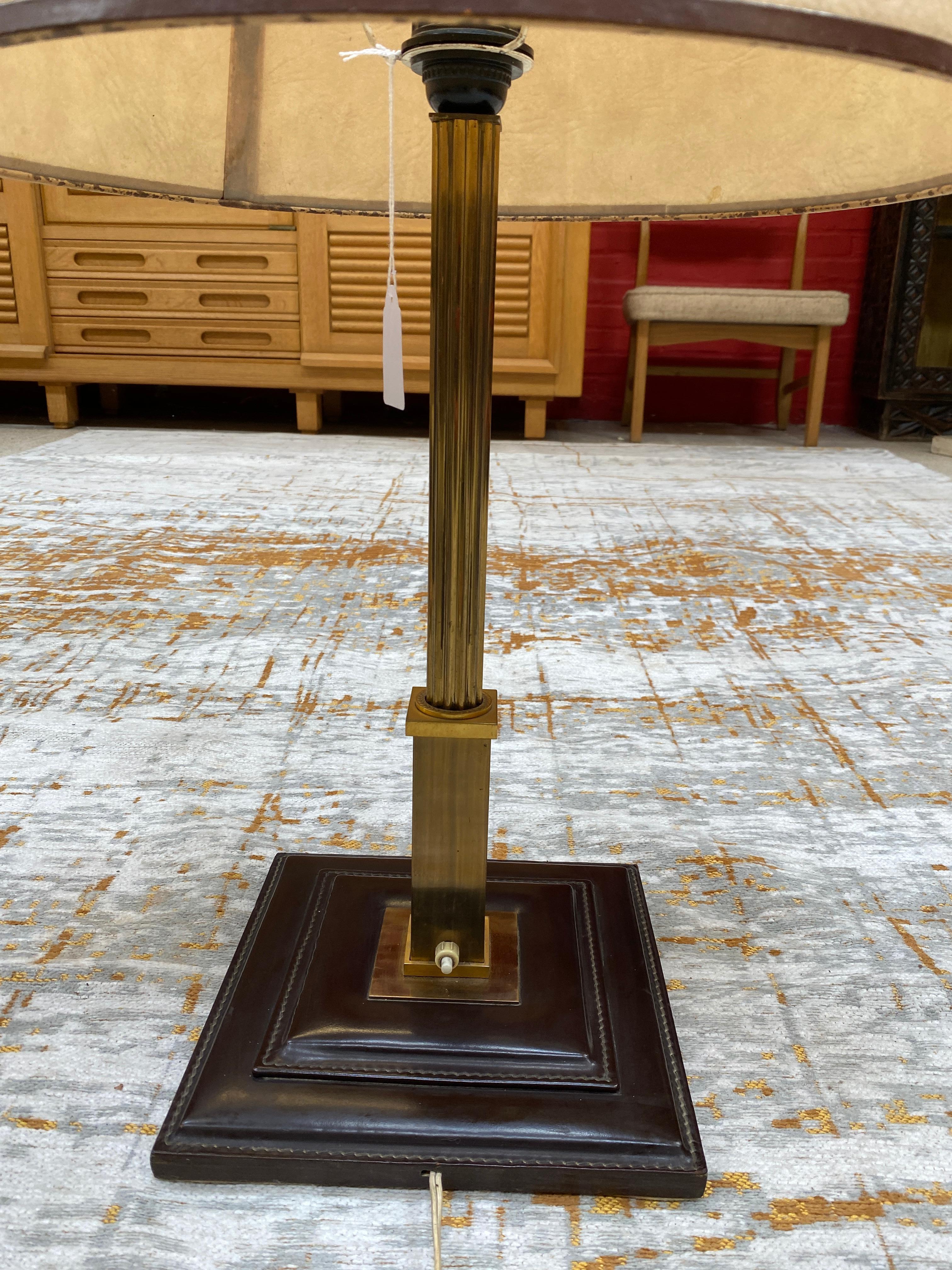 European Leather and Brass Table Lamp Attributed to Jacques Adnet, circa 1950 For Sale
