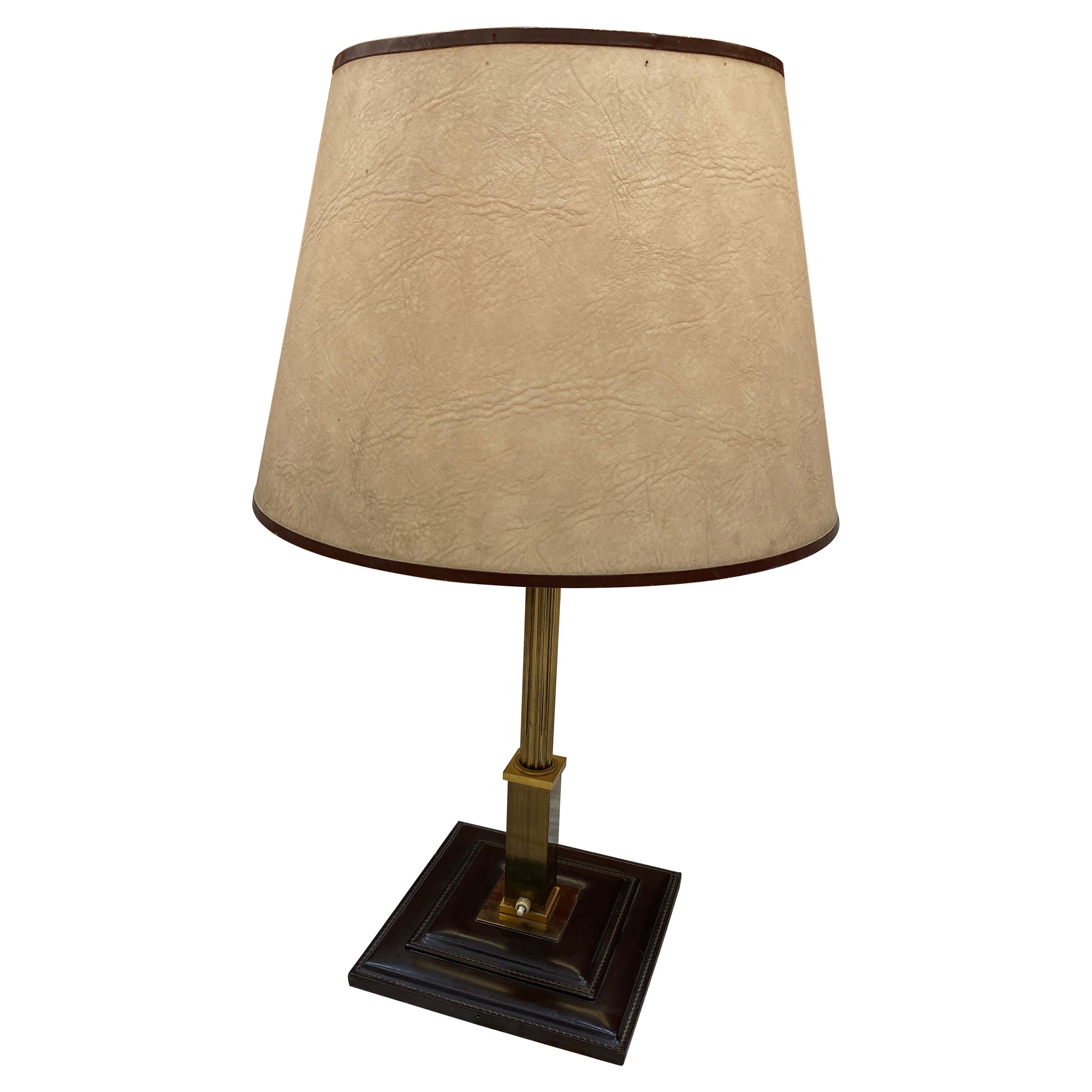 Leather and Brass Table Lamp Attributed to Jacques Adnet, circa 1950