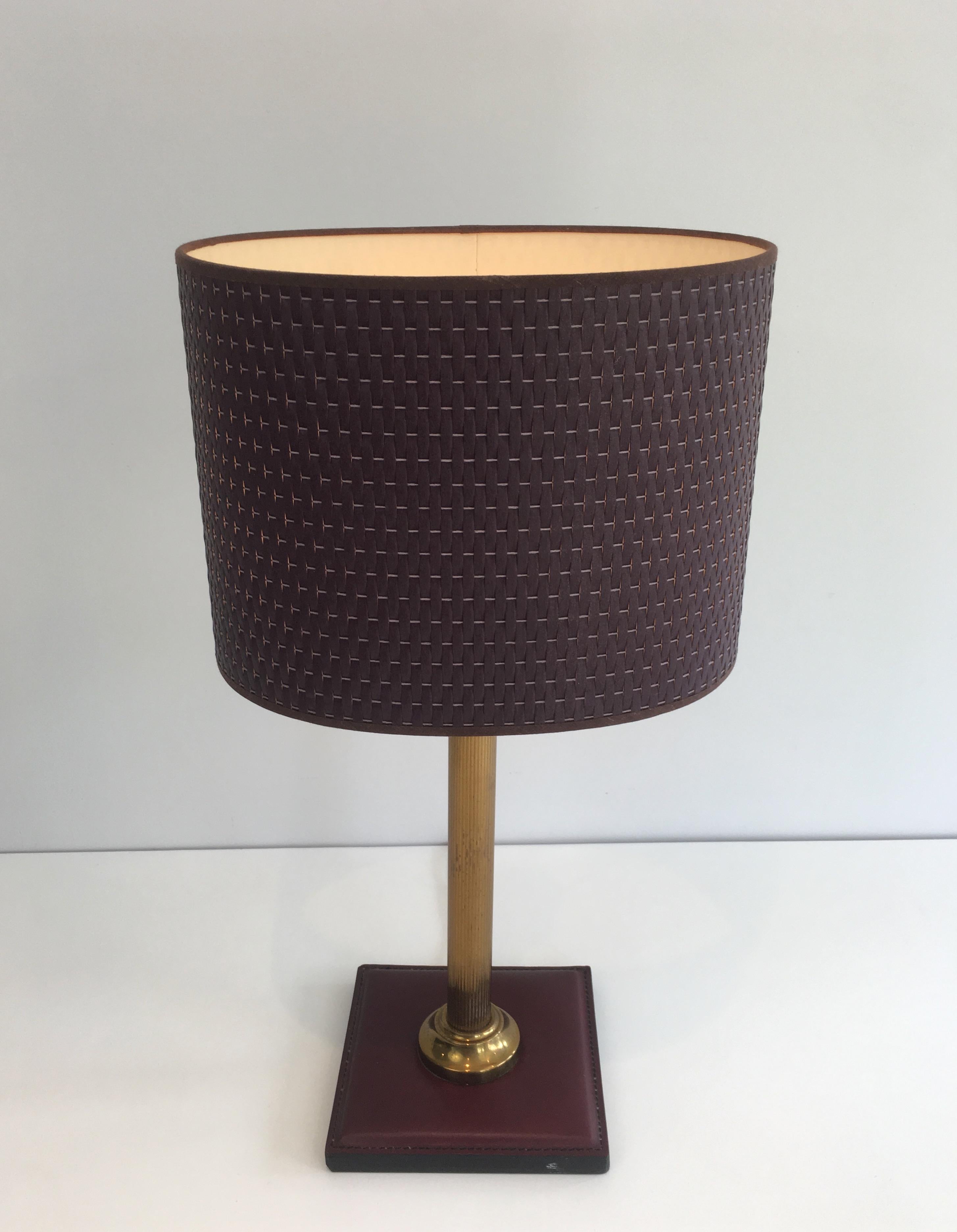 Mid-Century Modern Leather and Brass Table Lamp, French, circa 1970