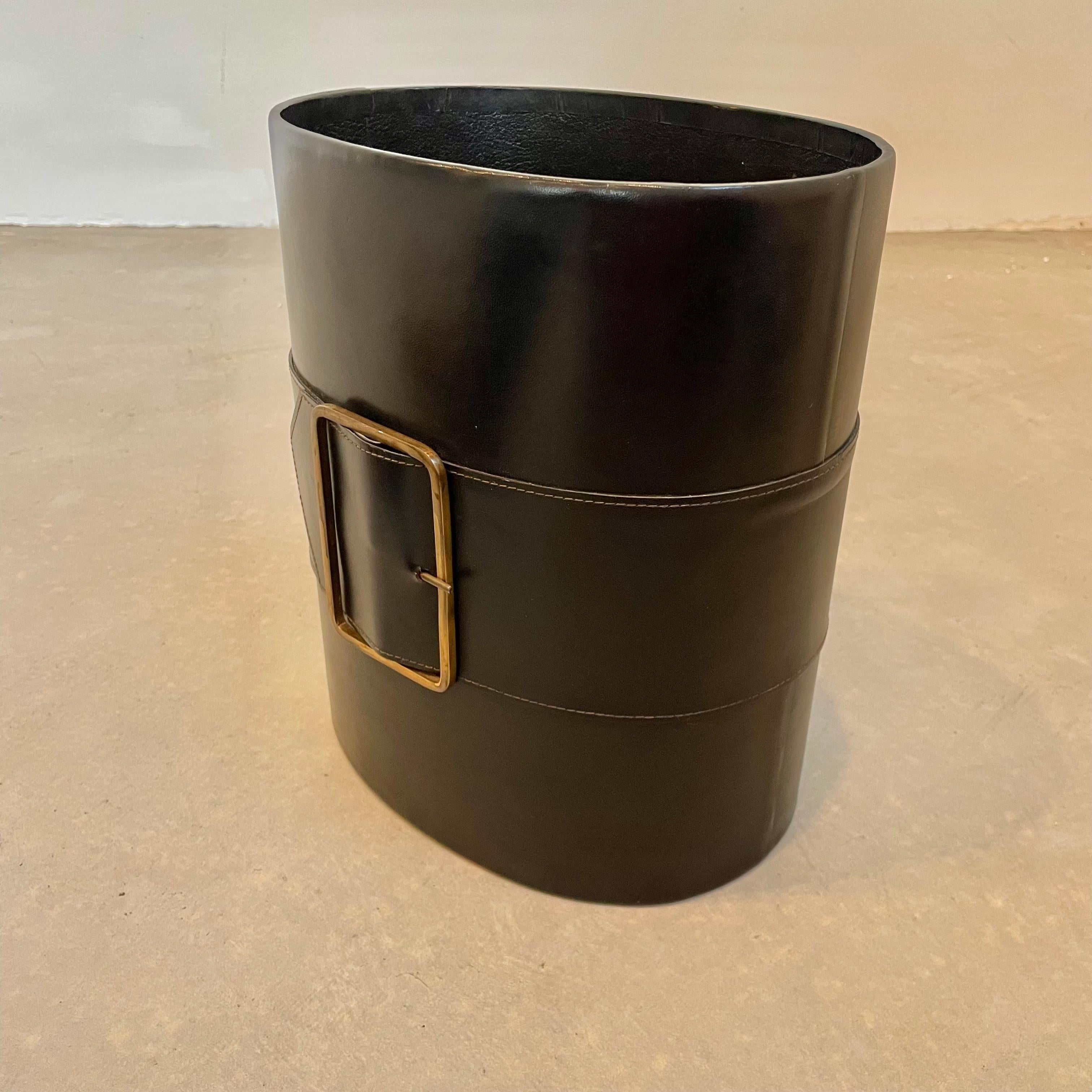 Leather and Brass Waste Basket, 1960s France 5