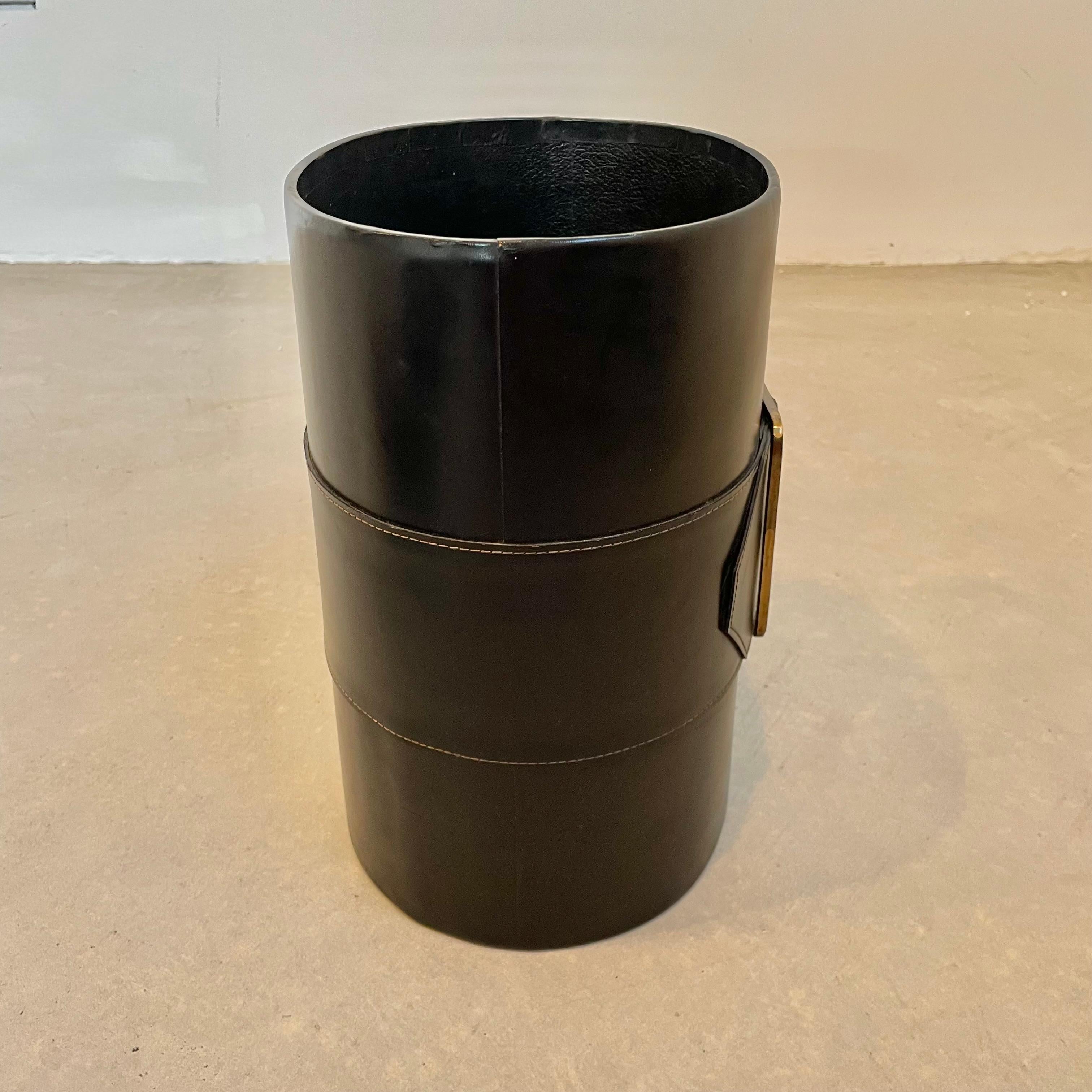 Mid-20th Century Leather and Brass Waste Basket, 1960s France