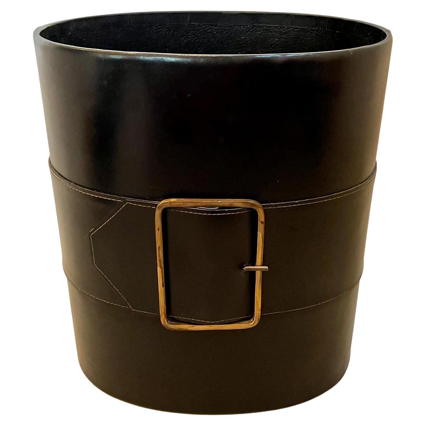 Leather and Brass Waste Basket, 1960s France