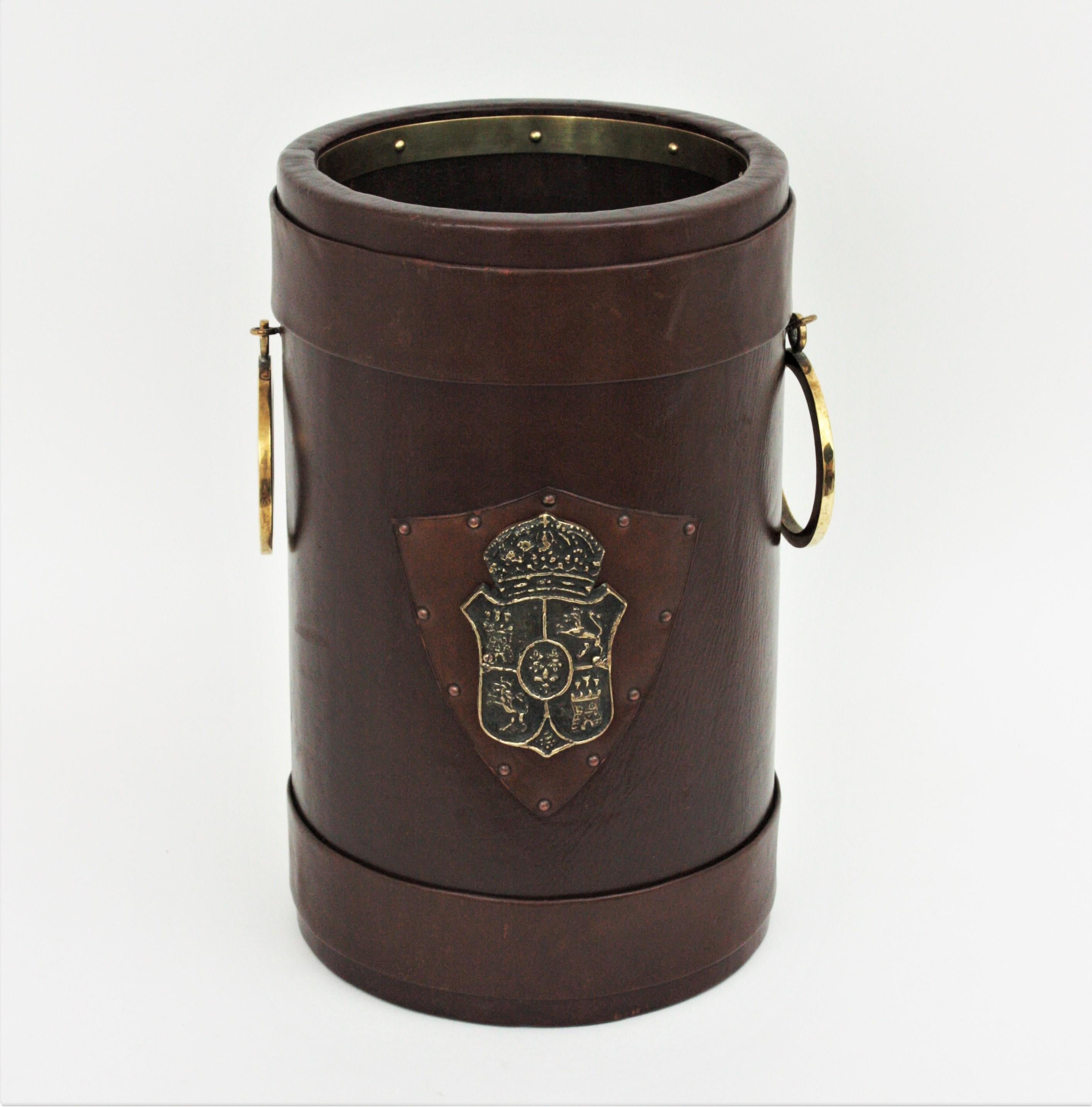 Mid-Century Modern Leather and Brass Waste Basket or Umbrella Stand with Coat of Arms Detail For Sale