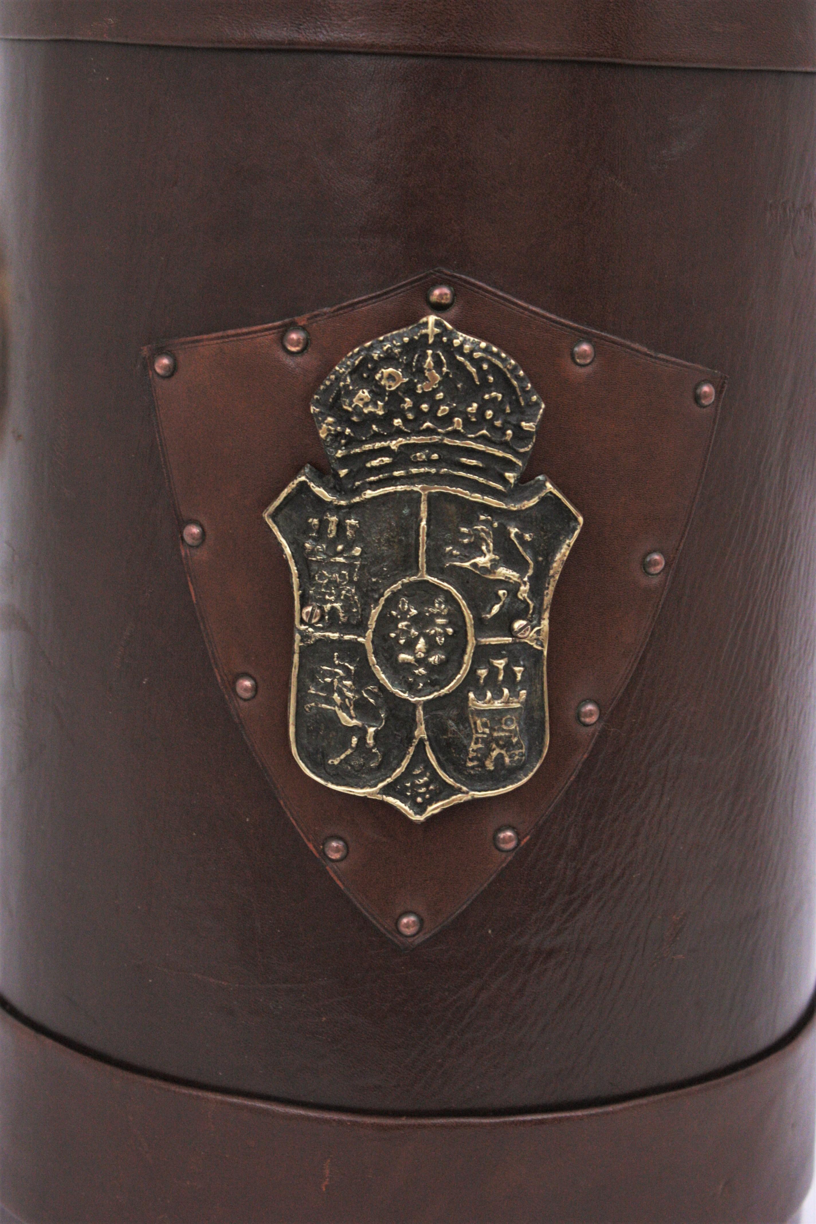 20th Century Leather and Brass Waste Basket or Umbrella Stand with Coat of Arms Detail For Sale
