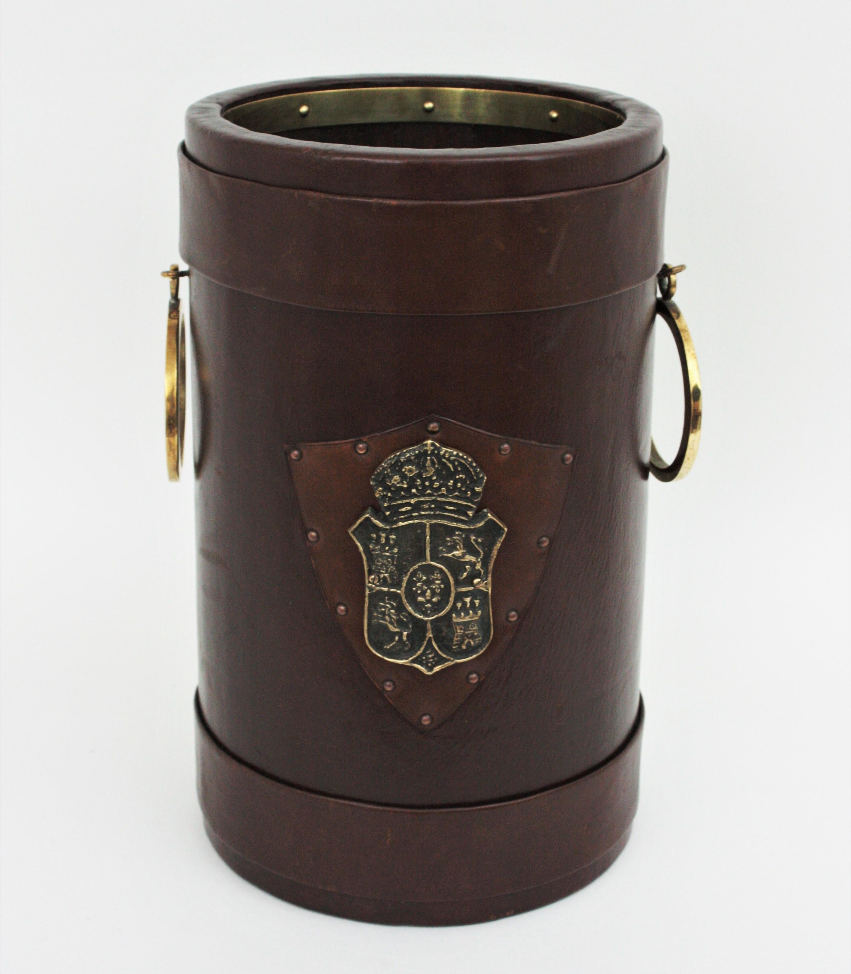 Leather and Brass Waste Basket or Umbrella Stand with Coat of Arms Detail For Sale 1