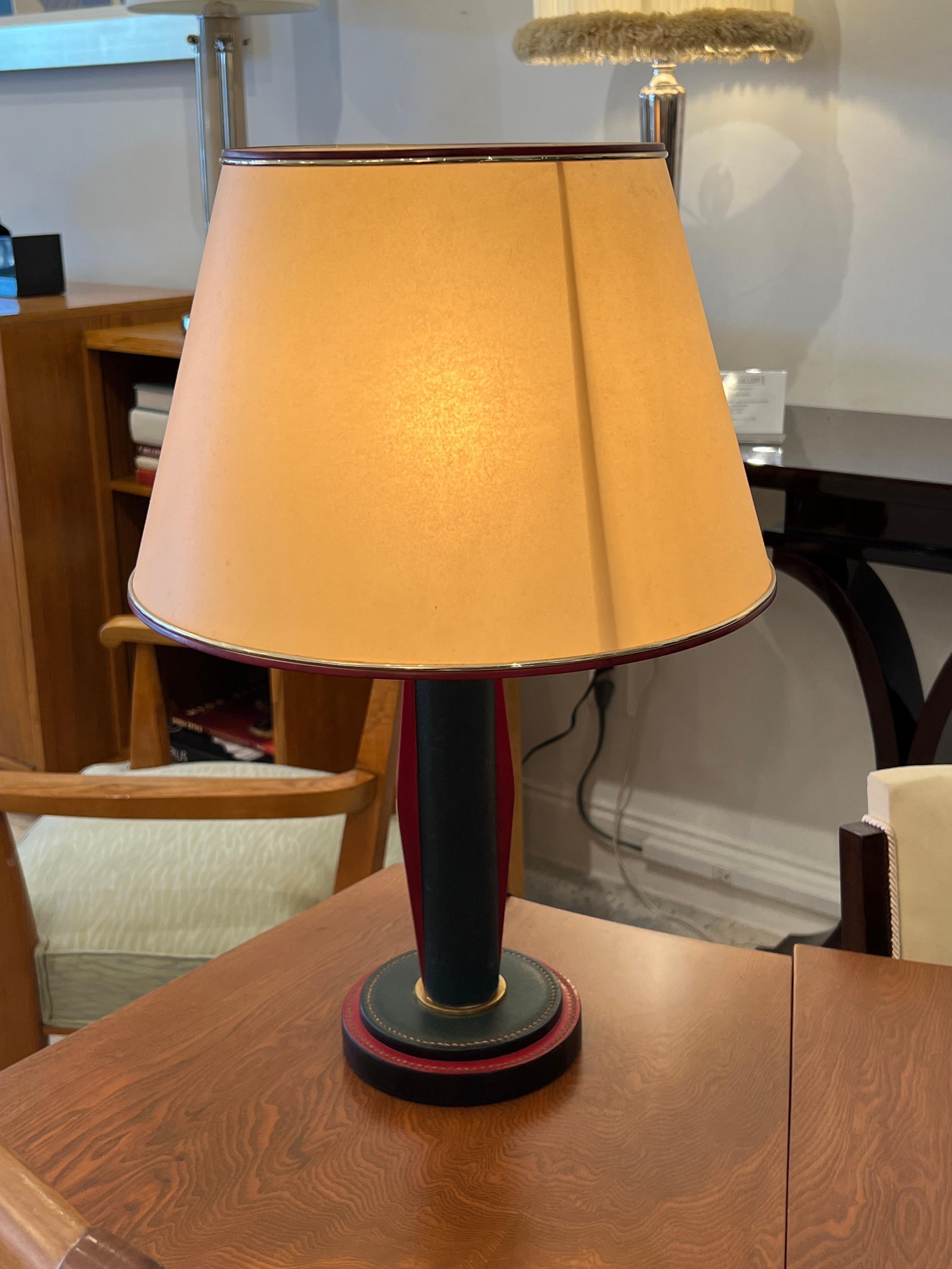 French Leather and Bronze Table Lamp For Sale