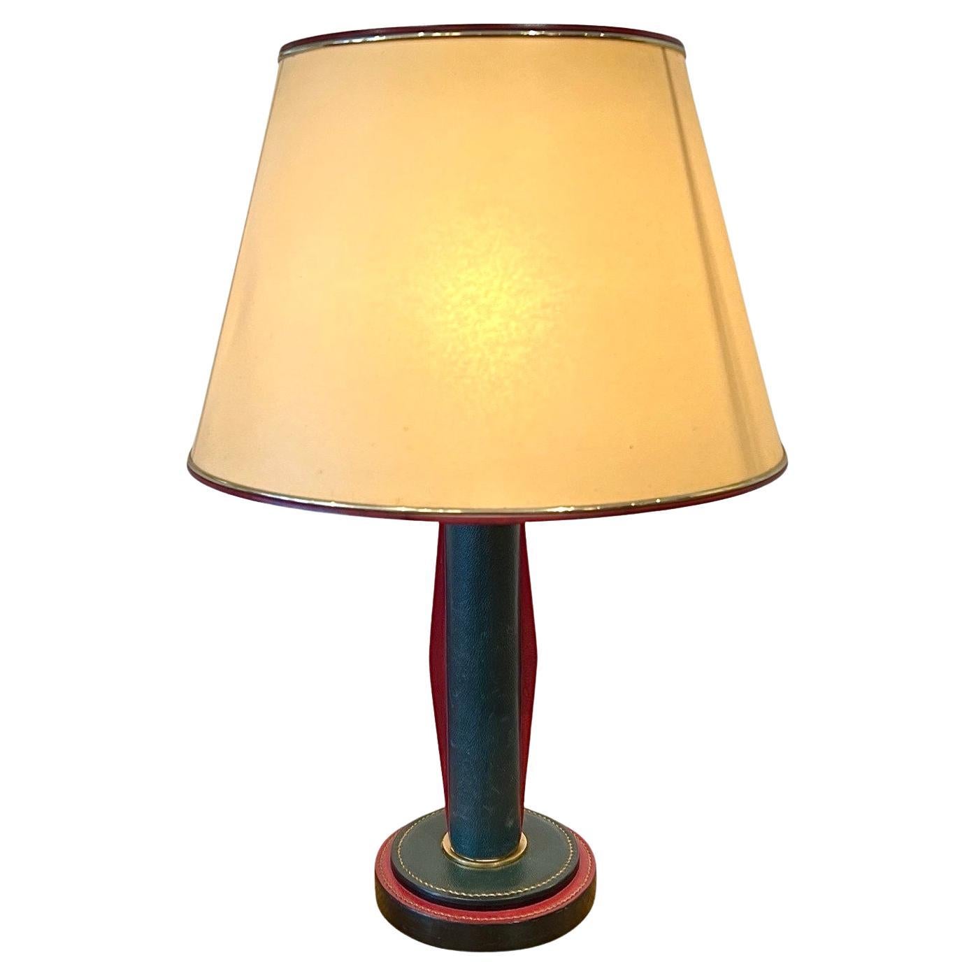 Leather and Bronze Table Lamp For Sale