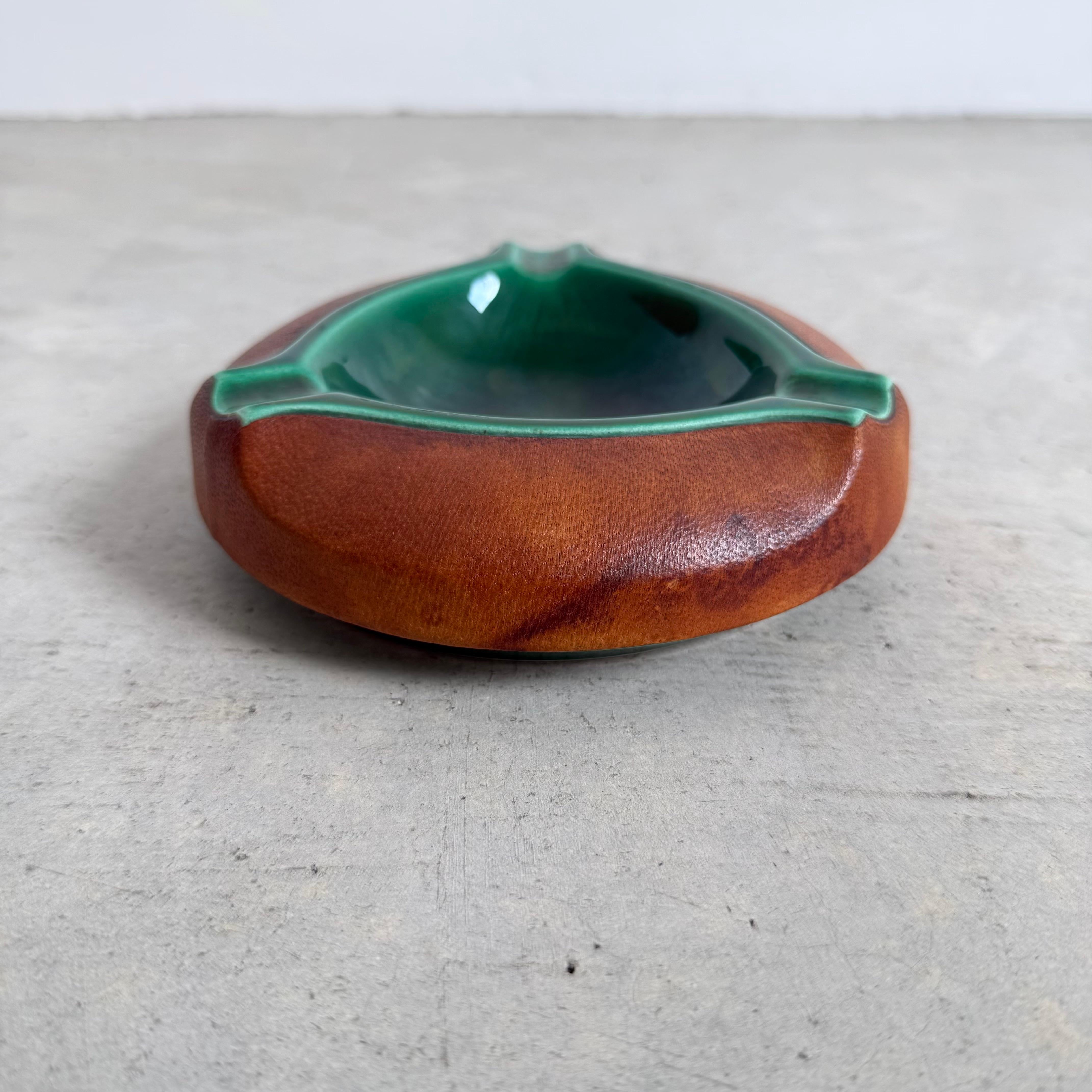 Français Leather and Ceramic Ashtray, 1960s France