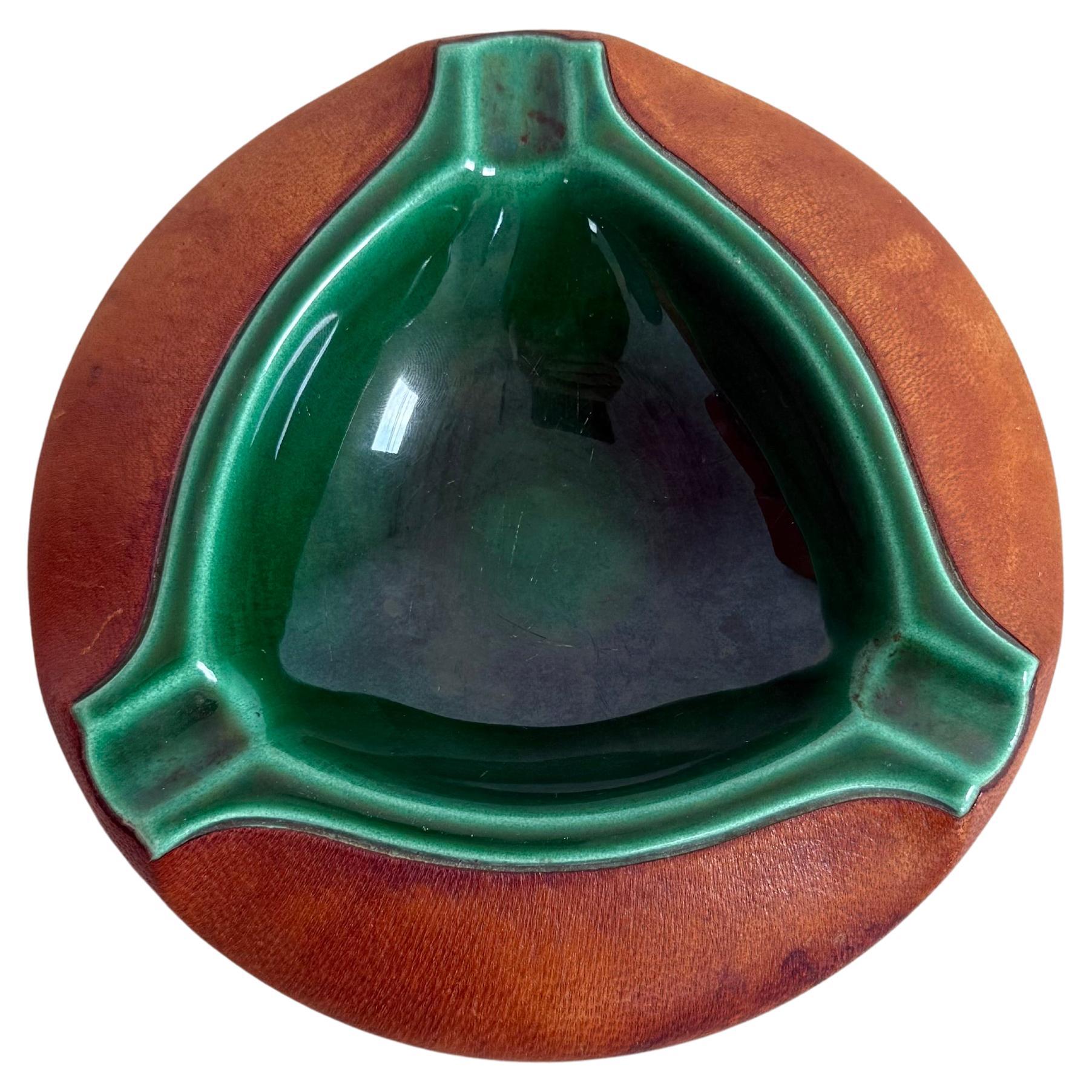Leather and Ceramic Ashtray, 1960s France