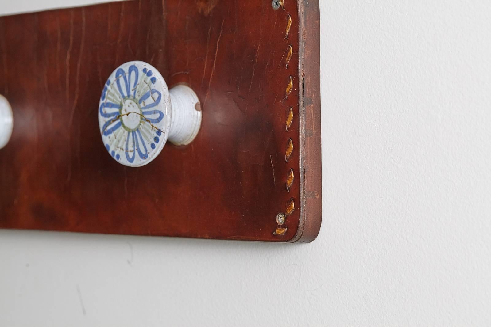 French Leather and Ceramic Capron Style Wall Hooks