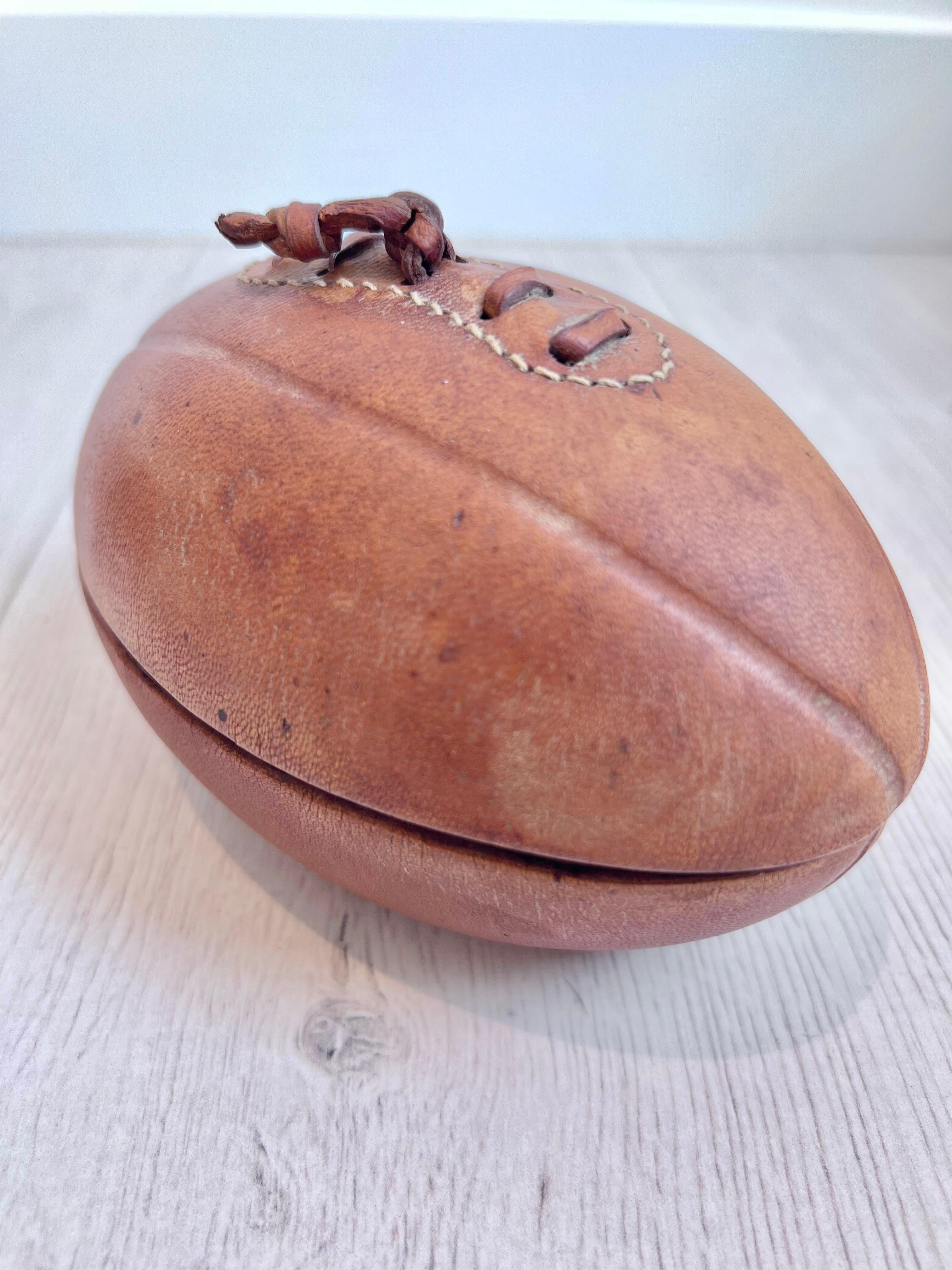 French Leather and Ceramic Football Ashtray by Longchamp, 1950s France