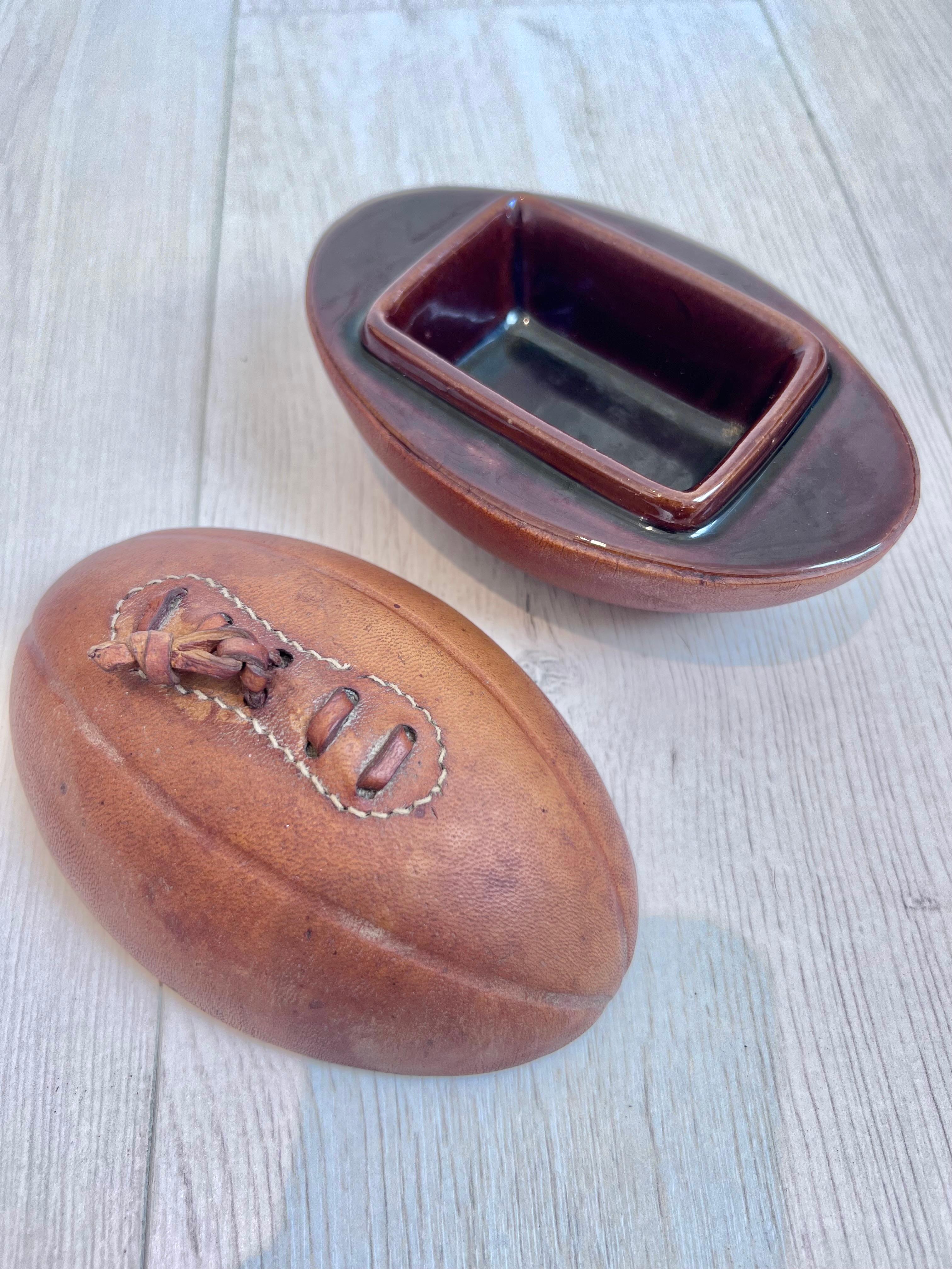 Leather and Ceramic Football Ashtray by Longchamp, 1950s France In Good Condition In Los Angeles, CA