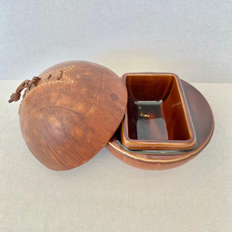 Leather and Ceramic Football Ashtray by Longchamp at 1stDibs