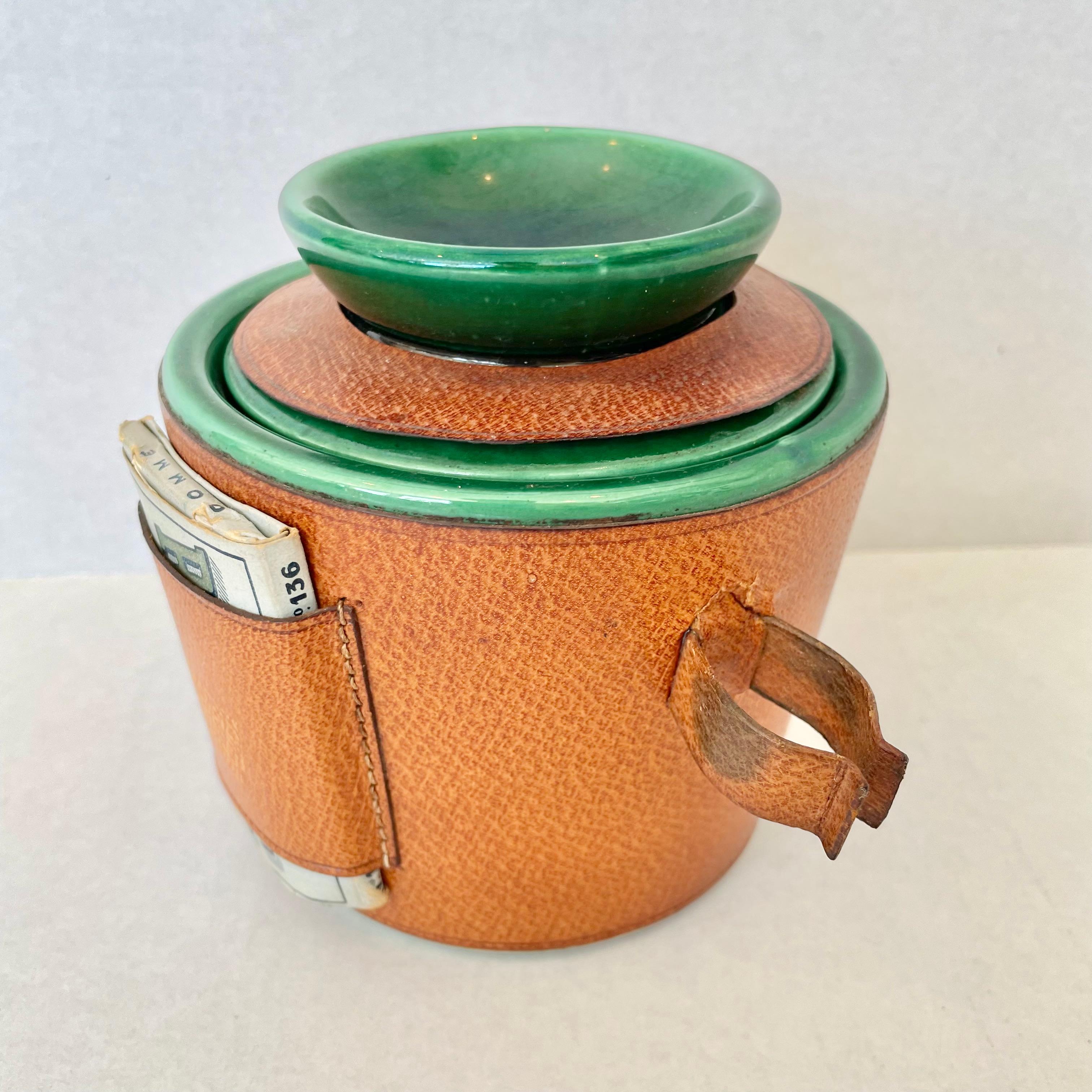 Handsome leather and ceramic tobacco/weed jar and ashtray by Longchamp. Stamped 