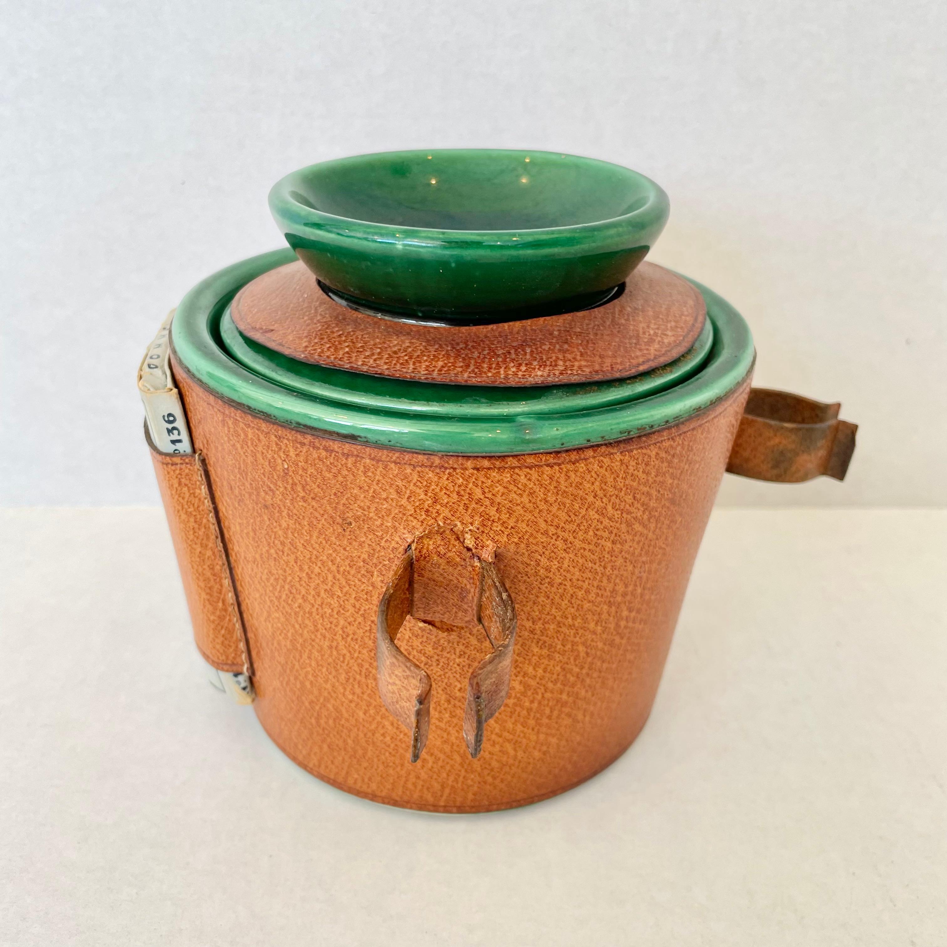 French Leather and Ceramic Stash Jar by Longchamp For Sale