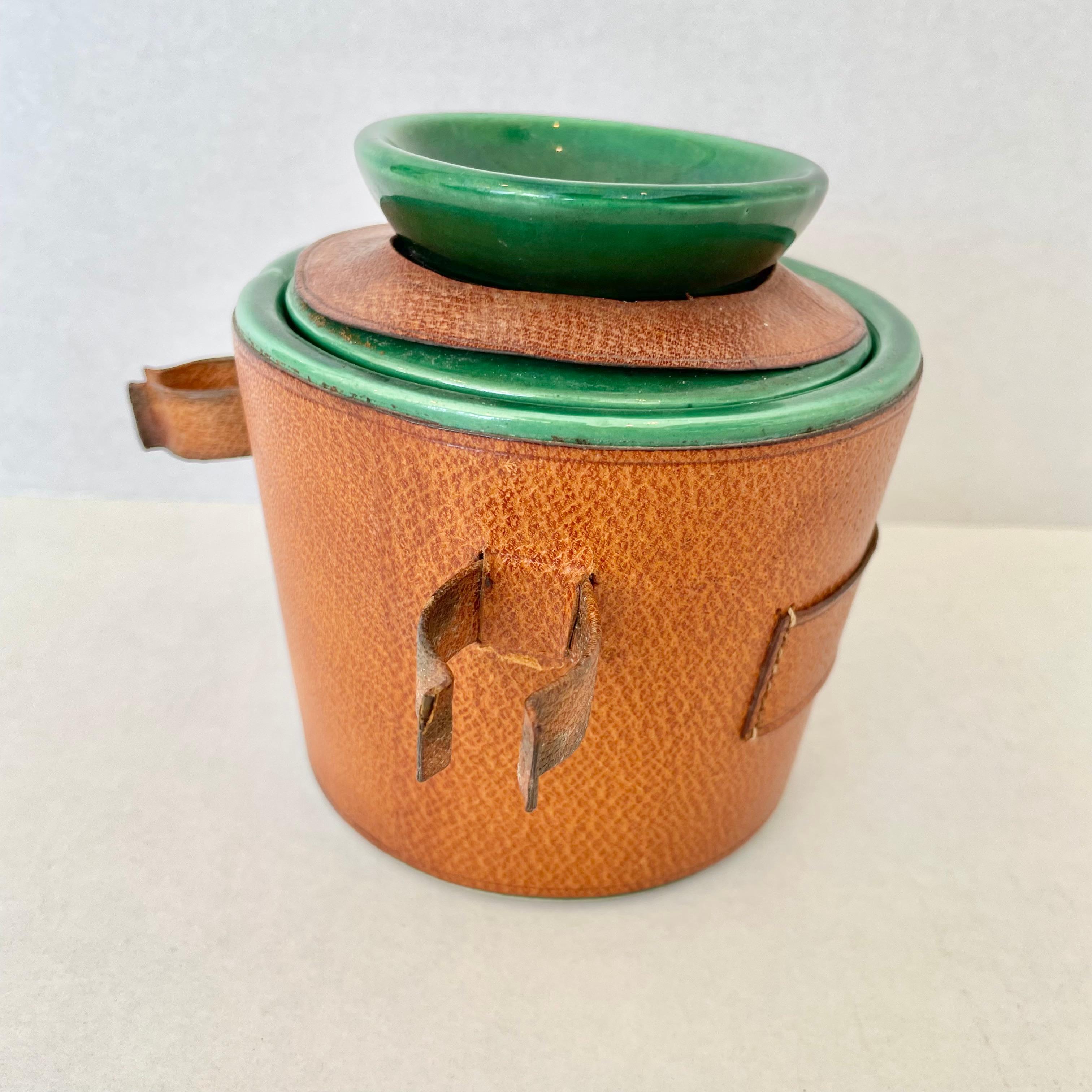 Mid-20th Century Leather and Ceramic Stash Jar by Longchamp For Sale
