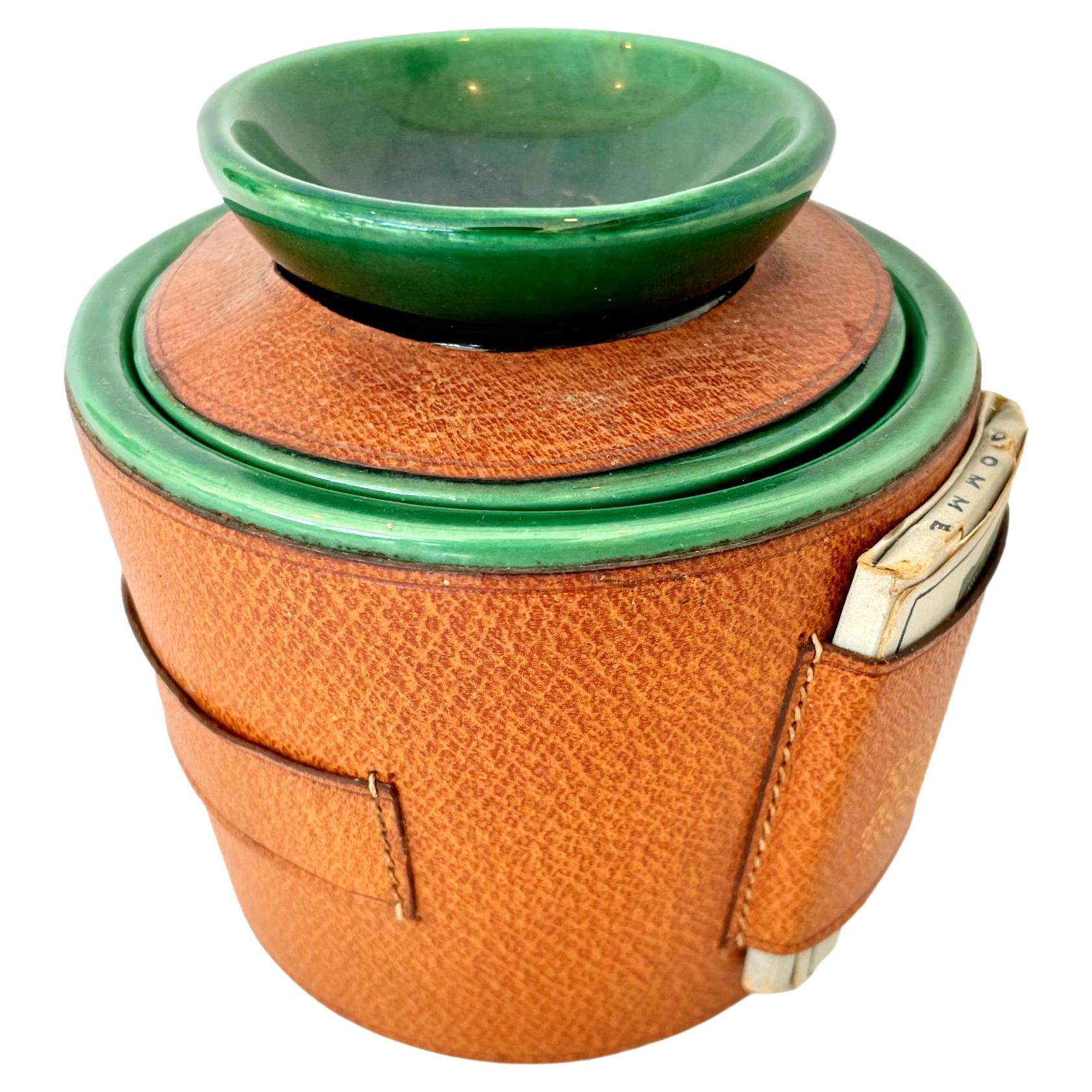Leather and Ceramic Stash Jar by Longchamp For Sale