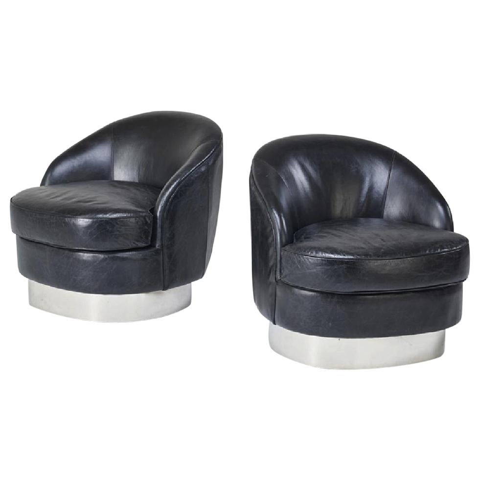 Leather and Chrome Club Chairs in the Style of Milo Baughman, circa 1990s