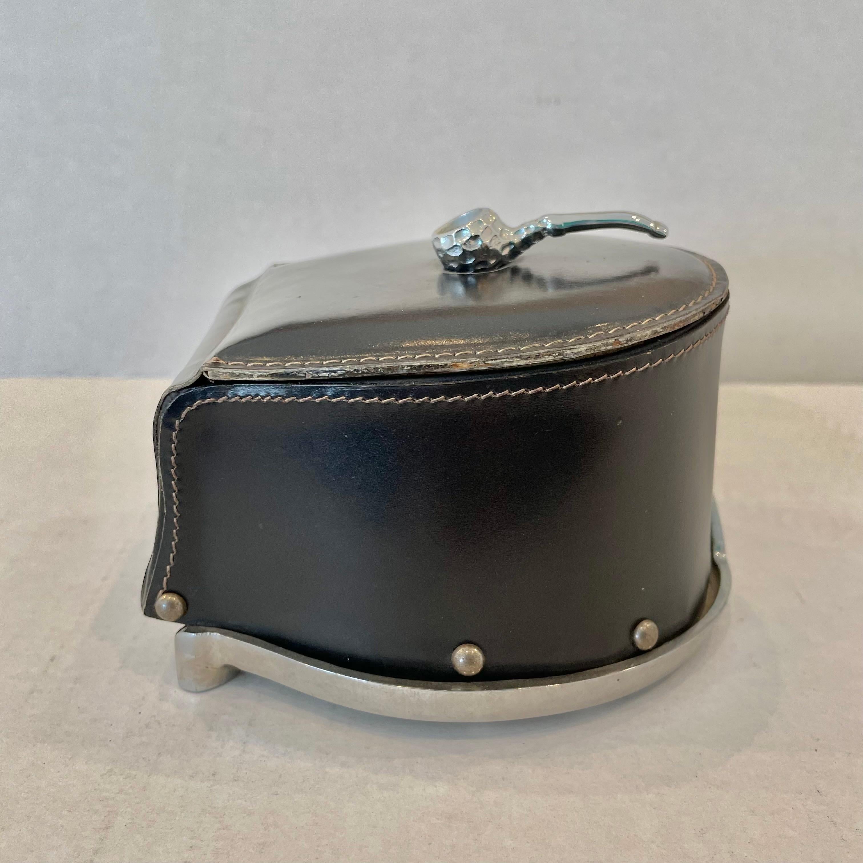 Leather and Chrome Horseshoe Tobacco Box, 1970s France In Good Condition In Los Angeles, CA